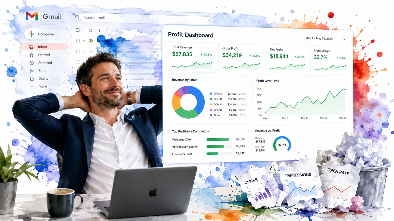 A professional man relaxing at his desk with a digital profit dashboard displayed over his computer.