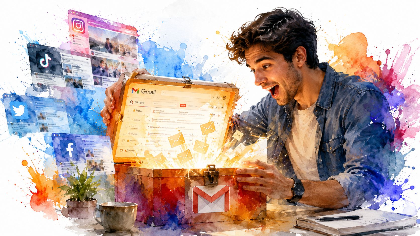 A man looking excited as he opens a wooden chest filled with glowing Gmail email icons.