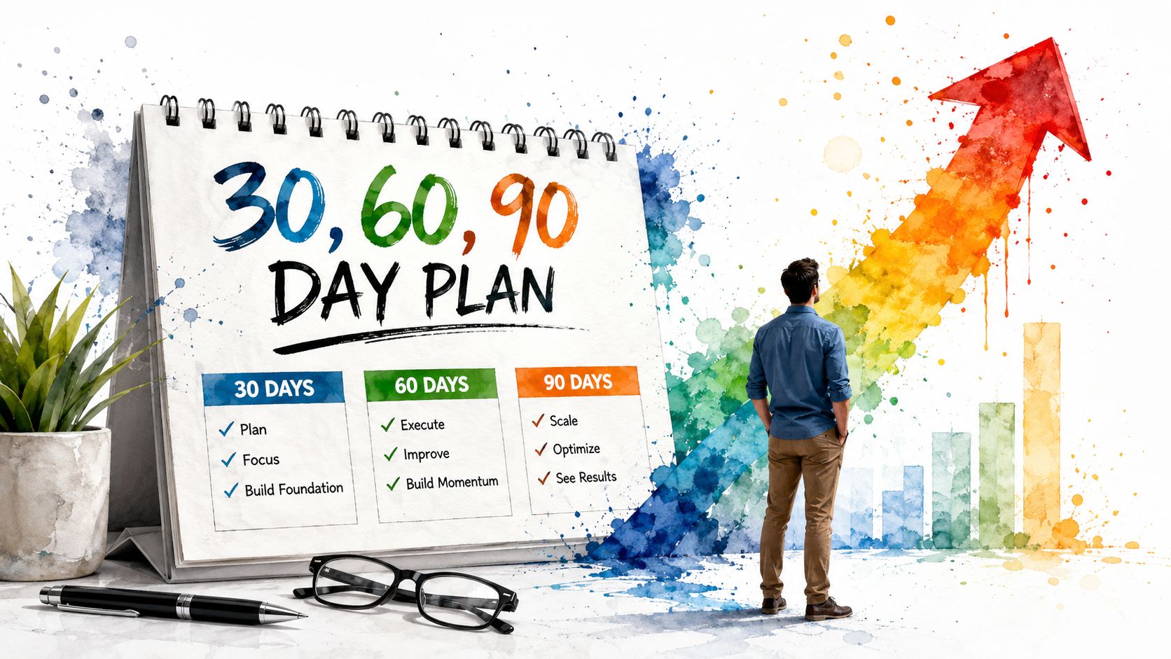 A professional 30 60 90 day business plan displayed on a desk with a man looking at charts.