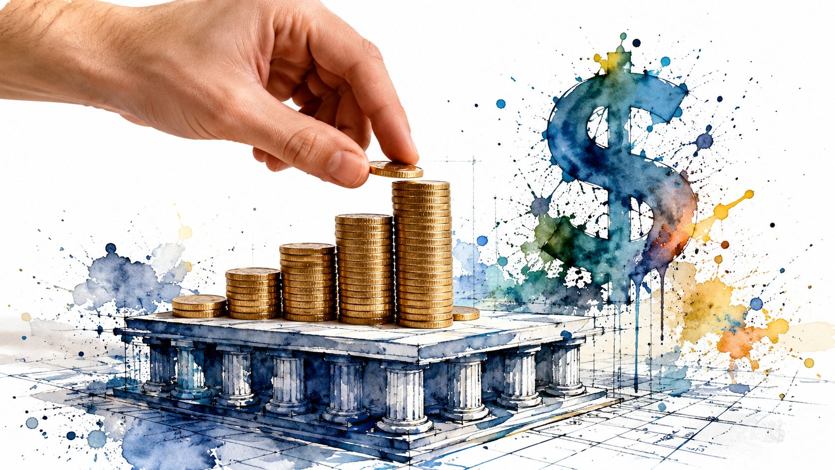 A hand placing a coin on a stack of gold coins atop a classical building with a watercolor dollar sign.