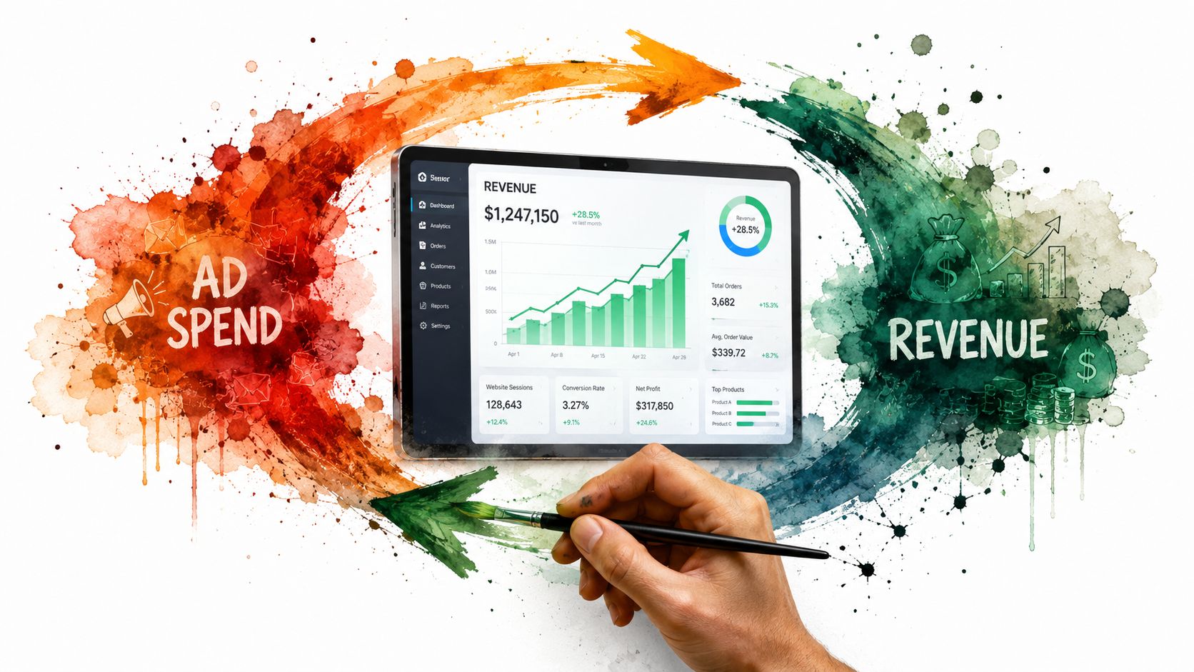 A hand painting a digital dashboard connecting ad spend graphics to revenue growth on a tablet screen.
