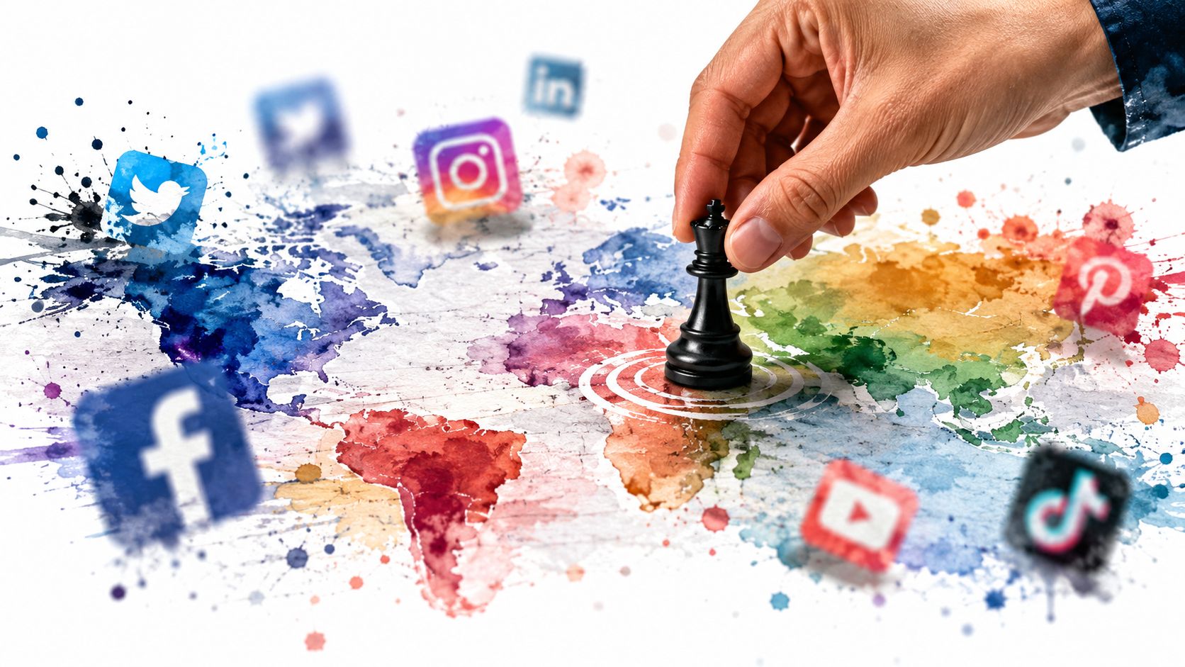 A hand placing a black chess piece on a colorful watercolor world map surrounded by social media icons.