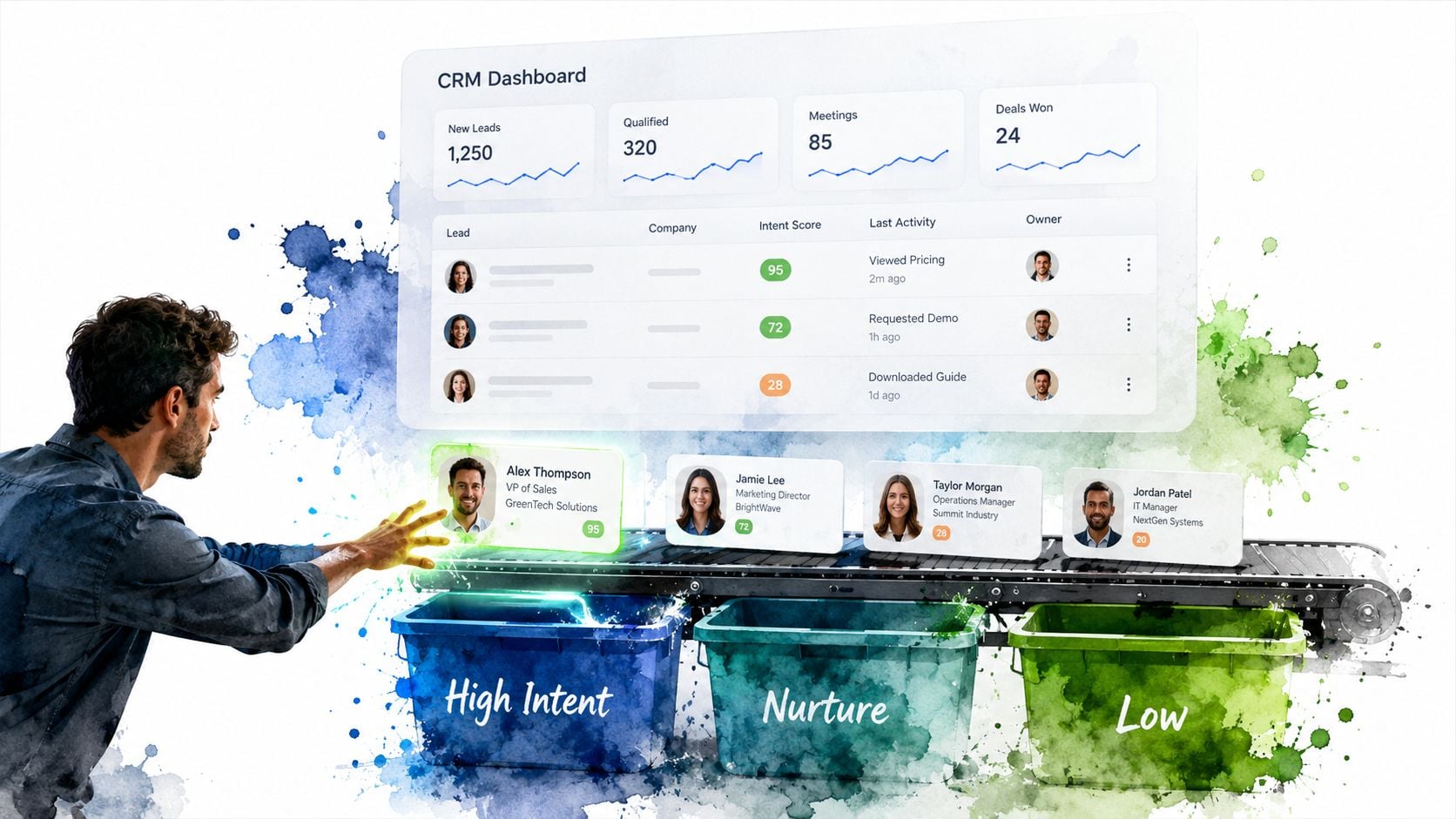 A person using an interface to sort sales leads into high intent, nurture, and low priority categories.