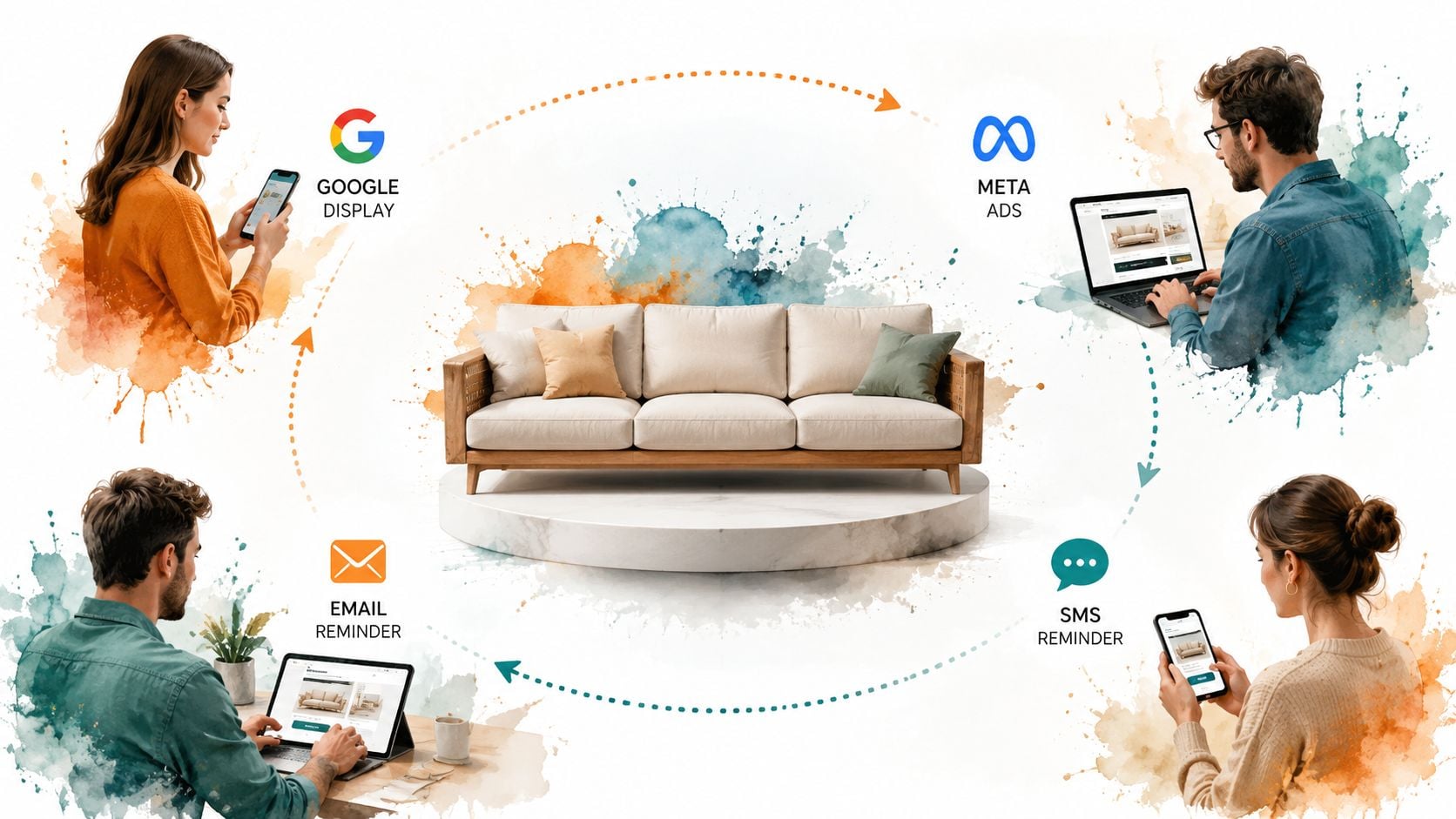 A marketing illustration showing customers interacting with a couch via digital advertisements, email, and SMS reminders.