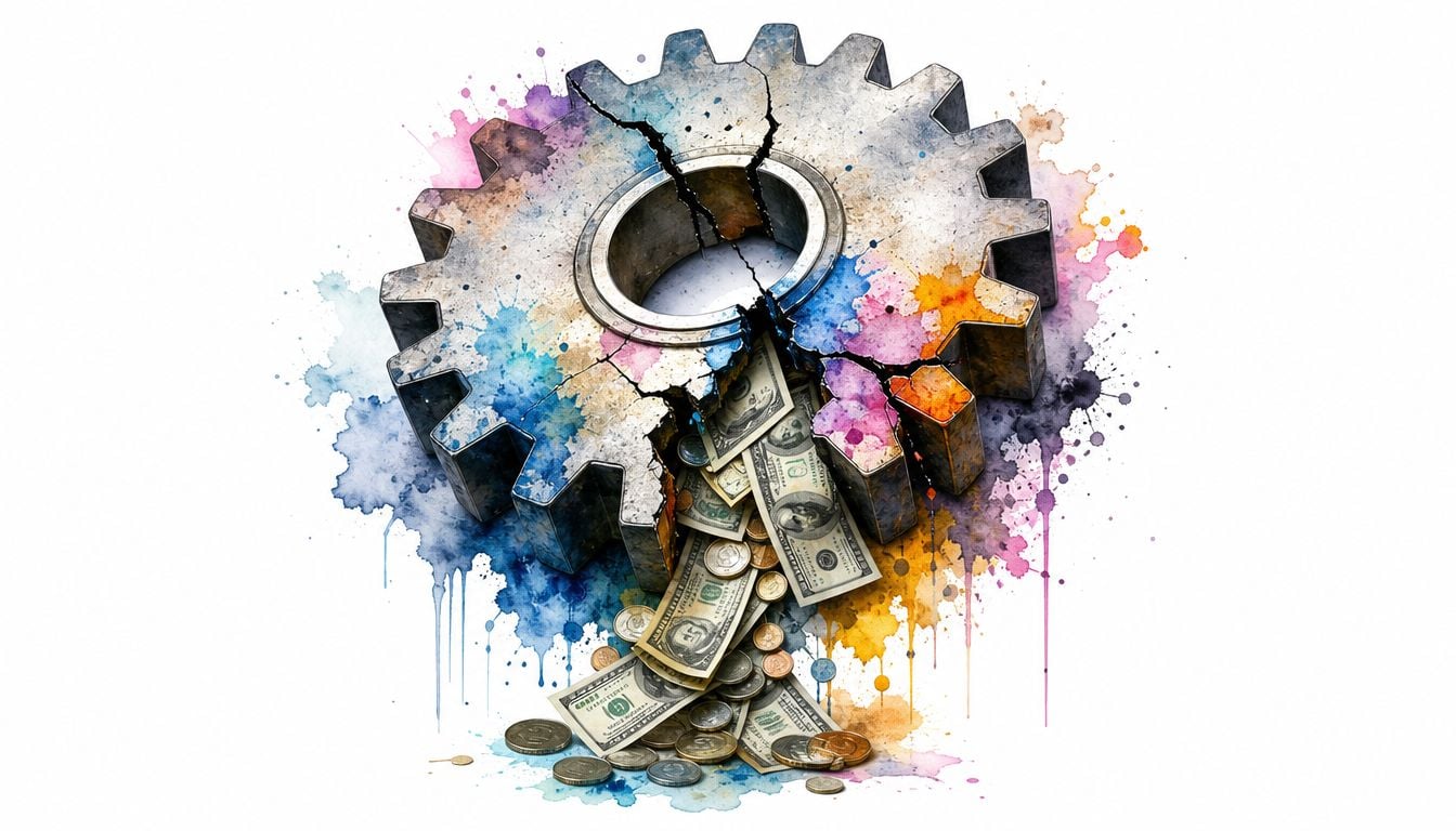 A broken metal gear with colorful watercolor splashes spilling out American banknotes and gold coins below.