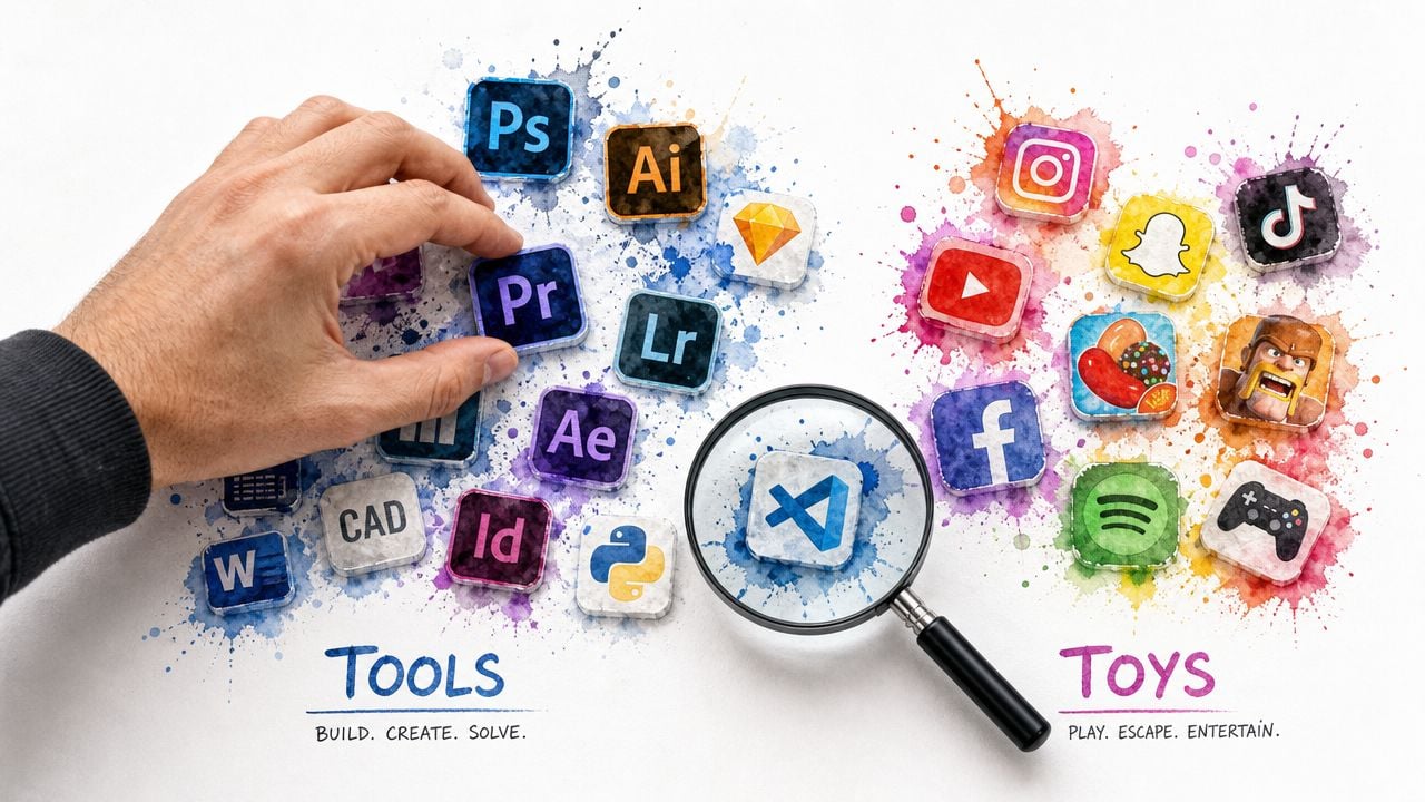A hand placing an Adobe Premiere icon among various software icons representing tools and digital toys.