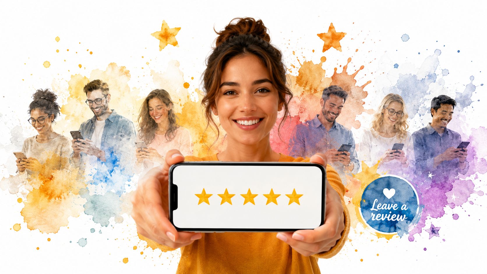 A smiling woman holding a smartphone displaying a five star rating, surrounded by customers leaving reviews.