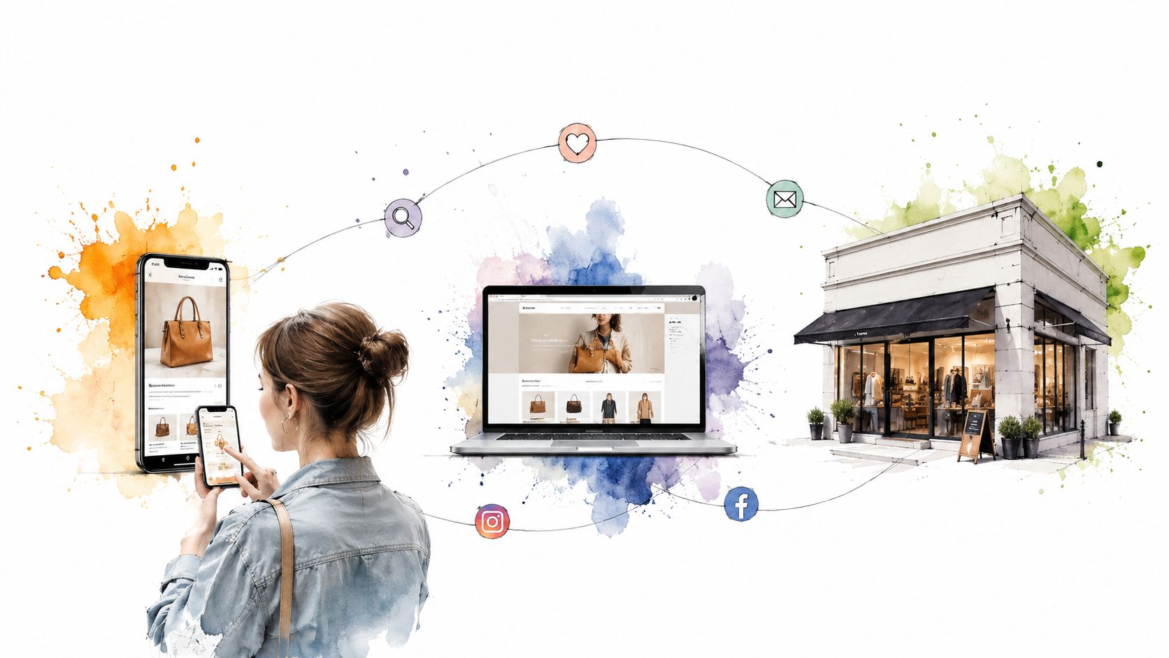 A woman interacting with a mobile app, laptop, and retail store representing omnichannel customer engagement strategies.
