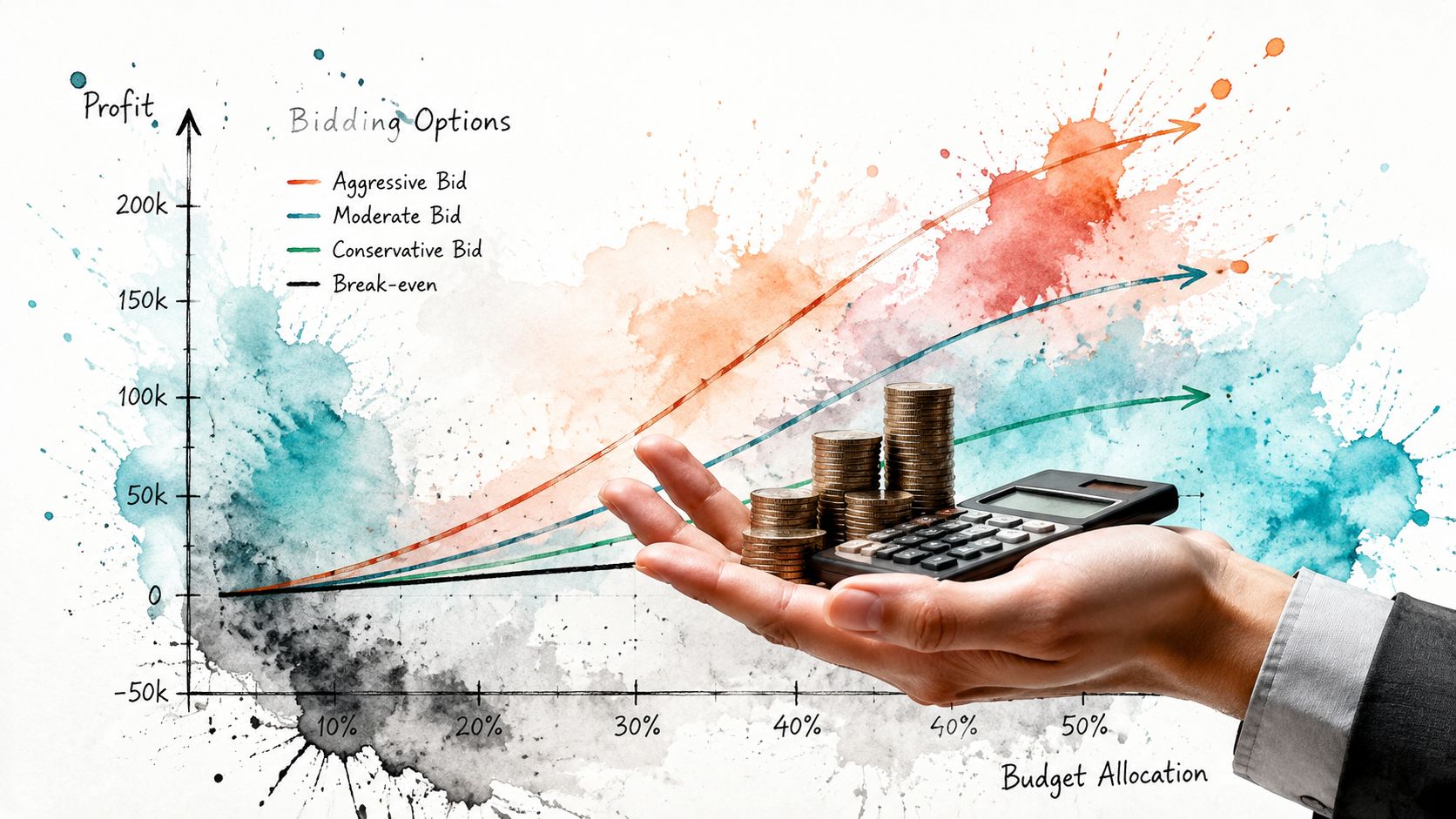 A hand holds coins and a calculator against a watercolor graph showing budget allocation and profit trends.