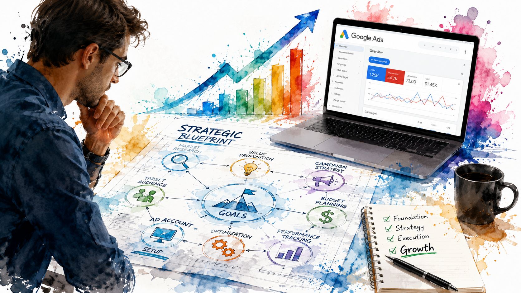 A professional analyzing a strategic Google Ads marketing blueprint on a desk with a laptop and notebook.