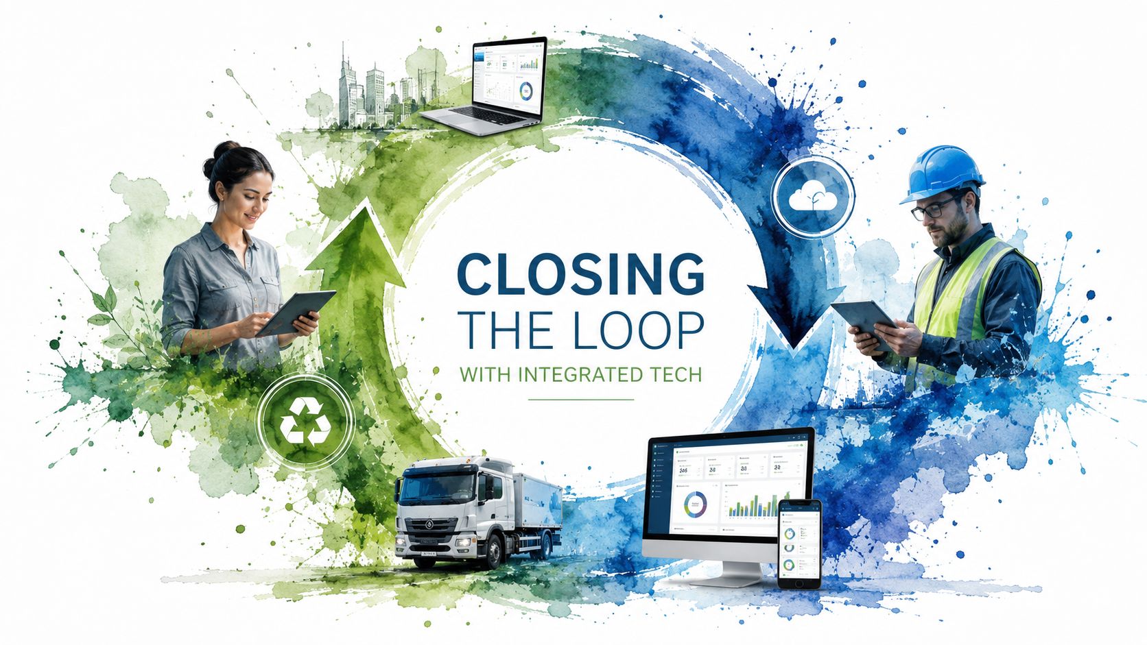 A digital illustration showing a circular recycling symbol with people and technology representing sustainable business logistics.