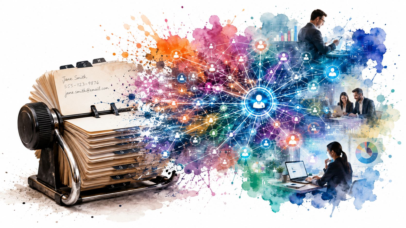 A creative illustration connecting a vintage rolodex contact file to modern digital business networking and analytics.