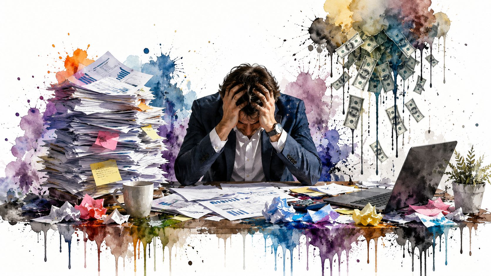 A stressed businessman holding his head while sitting at a cluttered desk overflowing with financial documents.