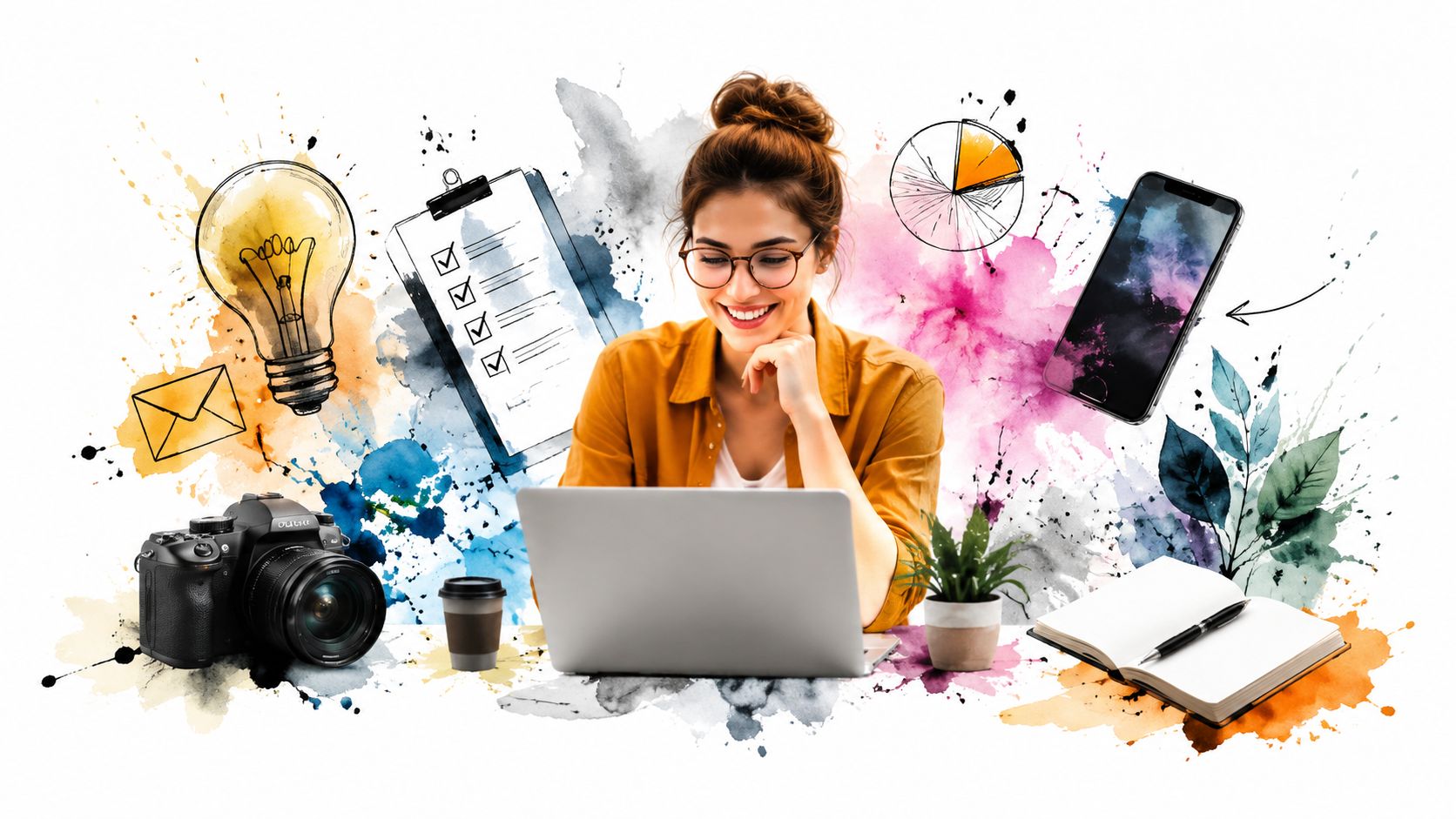 A smiling woman working on her laptop surrounded by artistic illustrations of office supplies and creative tools.