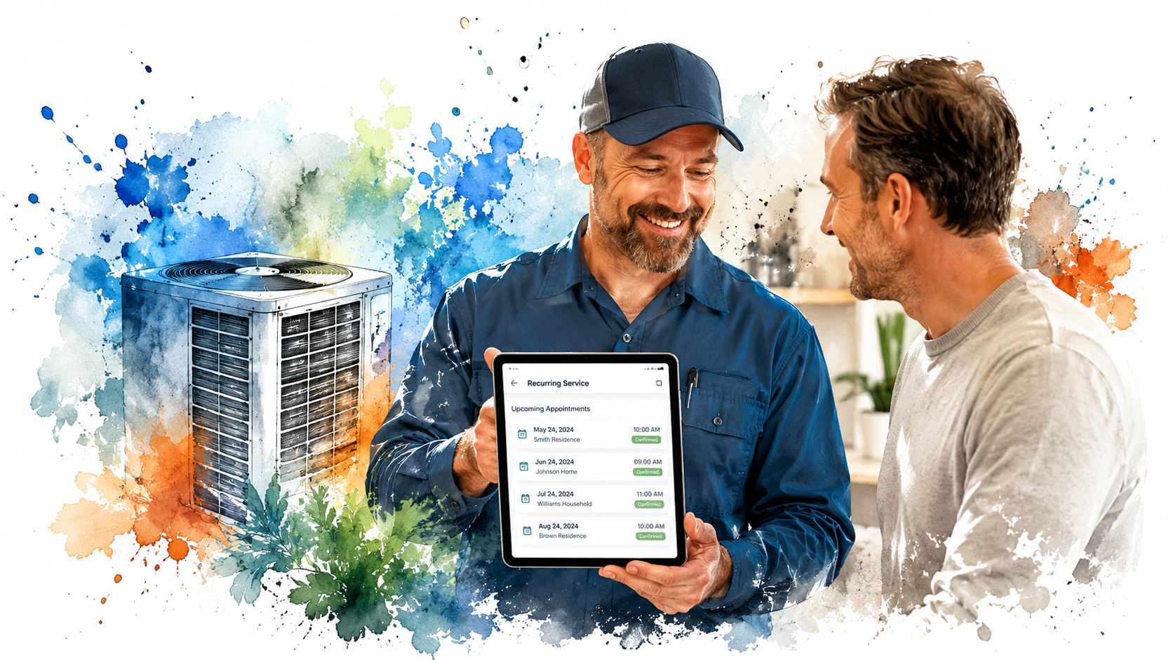 A service technician shows his tablet to a homeowner while standing next to an air conditioning unit.