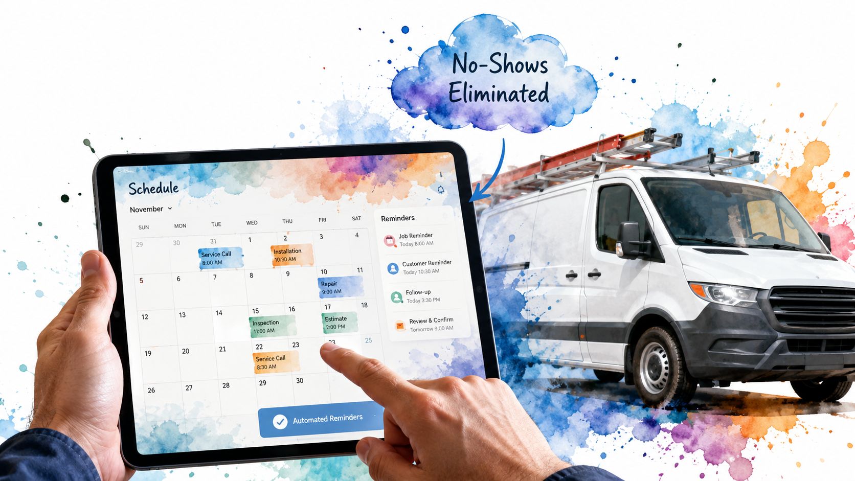 A person holds a tablet showing a scheduling calendar for field service business management and automation tools.