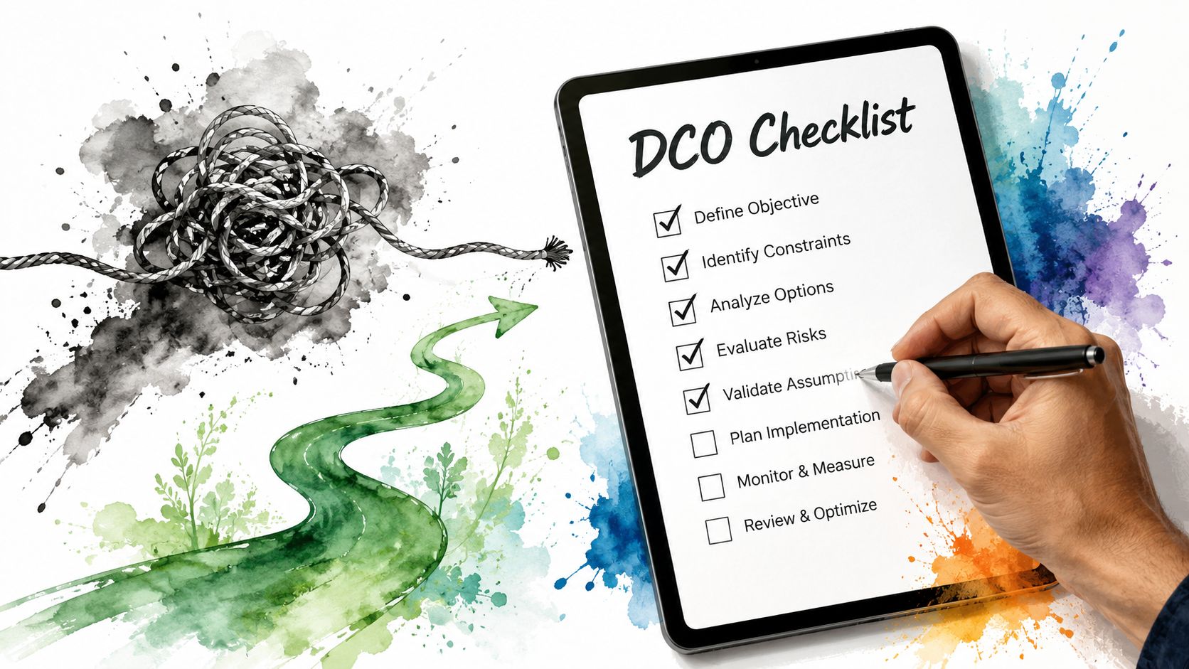 A hand using a digital pen to check off tasks on a DCO checklist tablet screen.