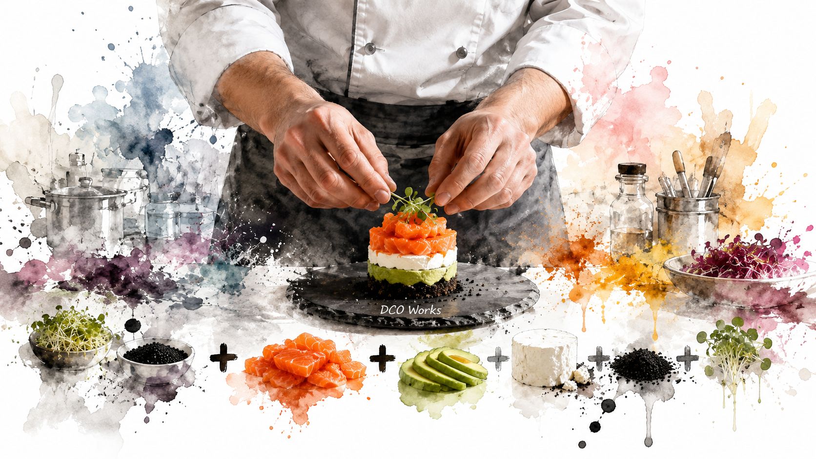 A professional chef artfully plating a colorful salmon, avocado, and goat cheese tower with fresh microgreens.
