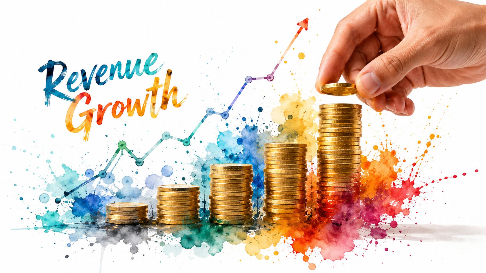 A human hand placing a gold coin on a growing stack representing revenue growth and success.