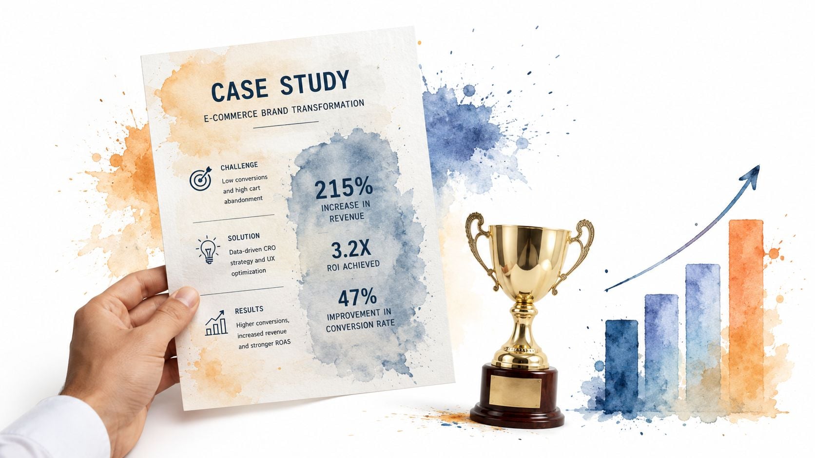 A hand holds a paper case study showing e-commerce revenue growth with a gold trophy and chart.