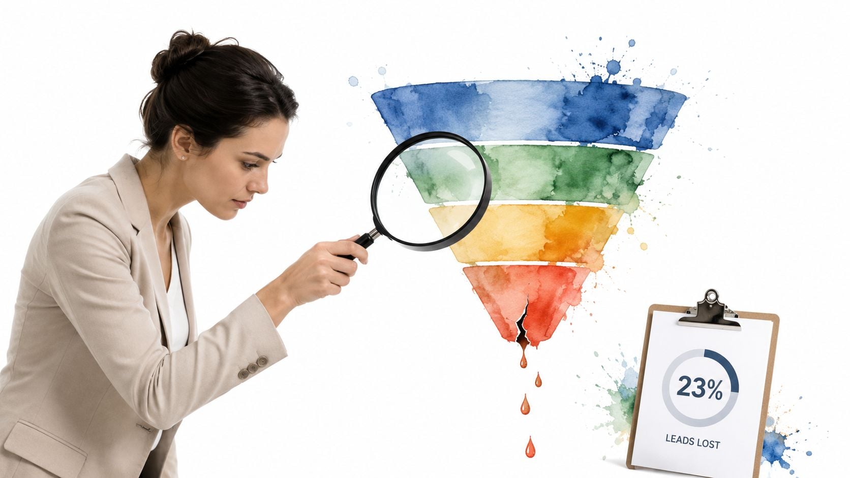 A businesswoman using a magnifying glass to examine a leaking sales funnel chart on a white background.