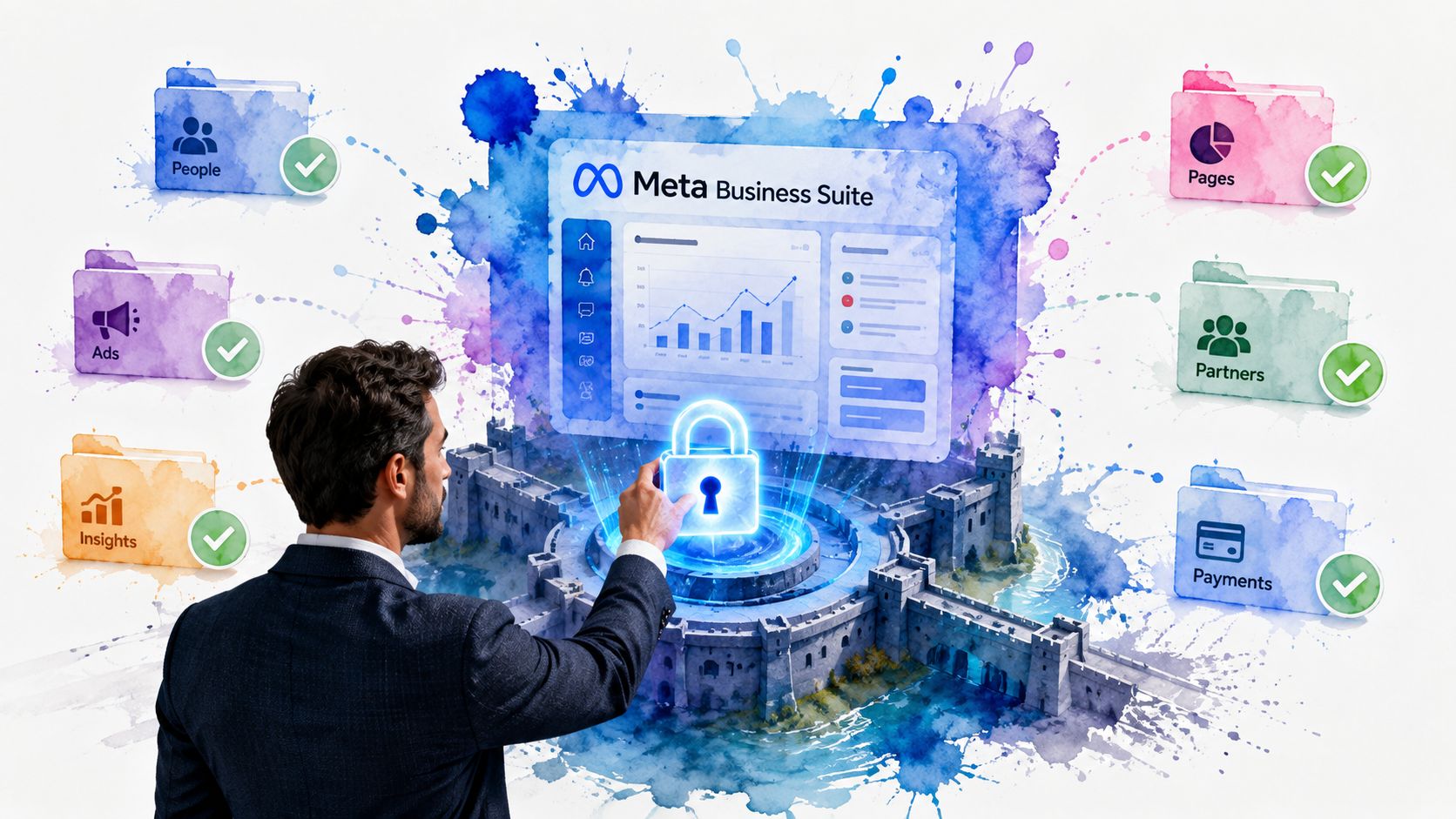 A businessman securing his digital Meta Business Suite account management system with a glowing padlock icon.