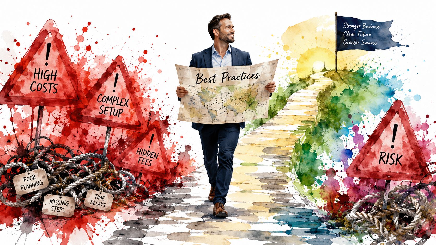 A businessman carrying a Best Practices map walks away from business pitfalls toward a successful future.