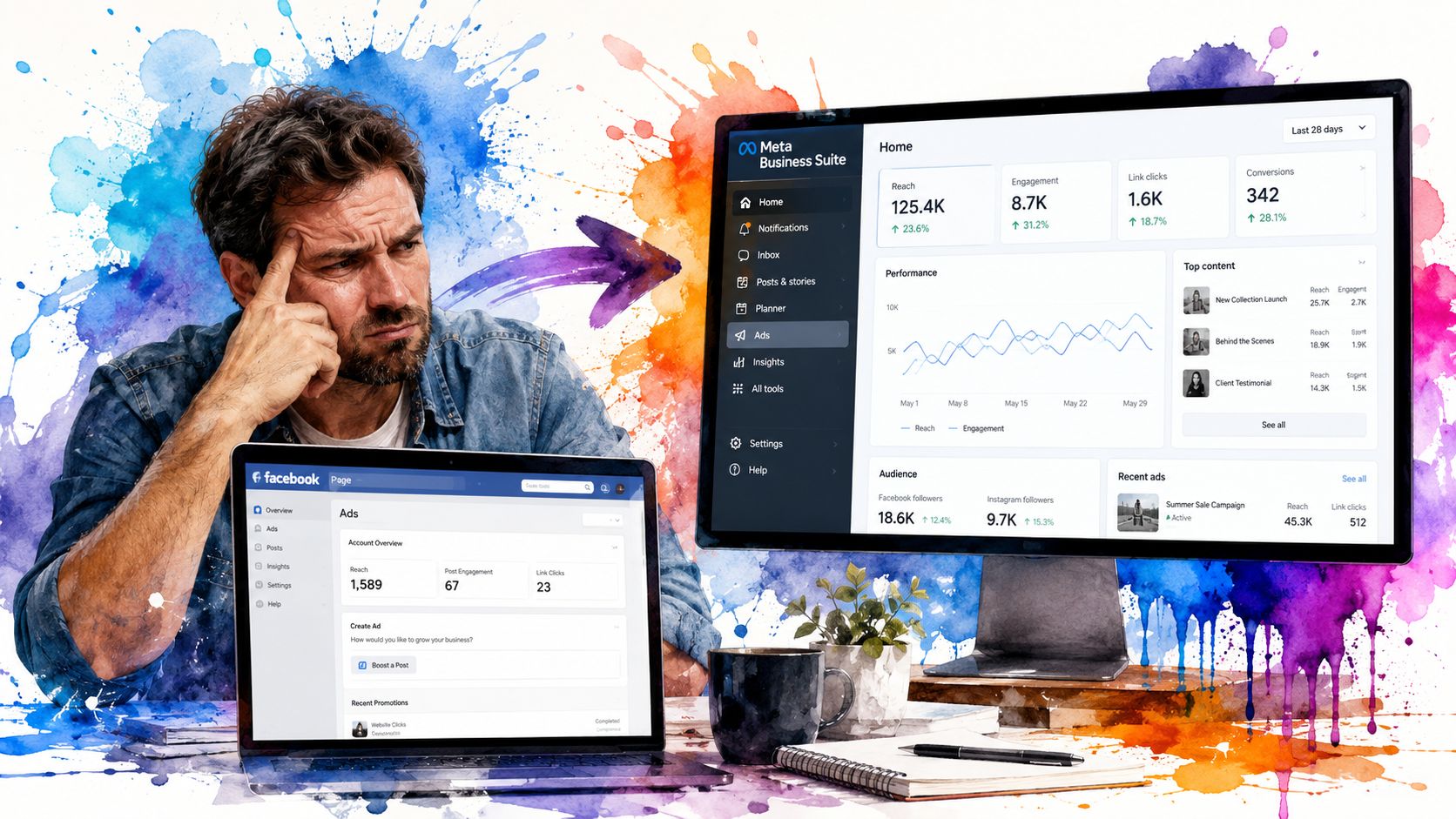 A man looking thoughtfully at his digital marketing performance data on a computer and laptop screen.