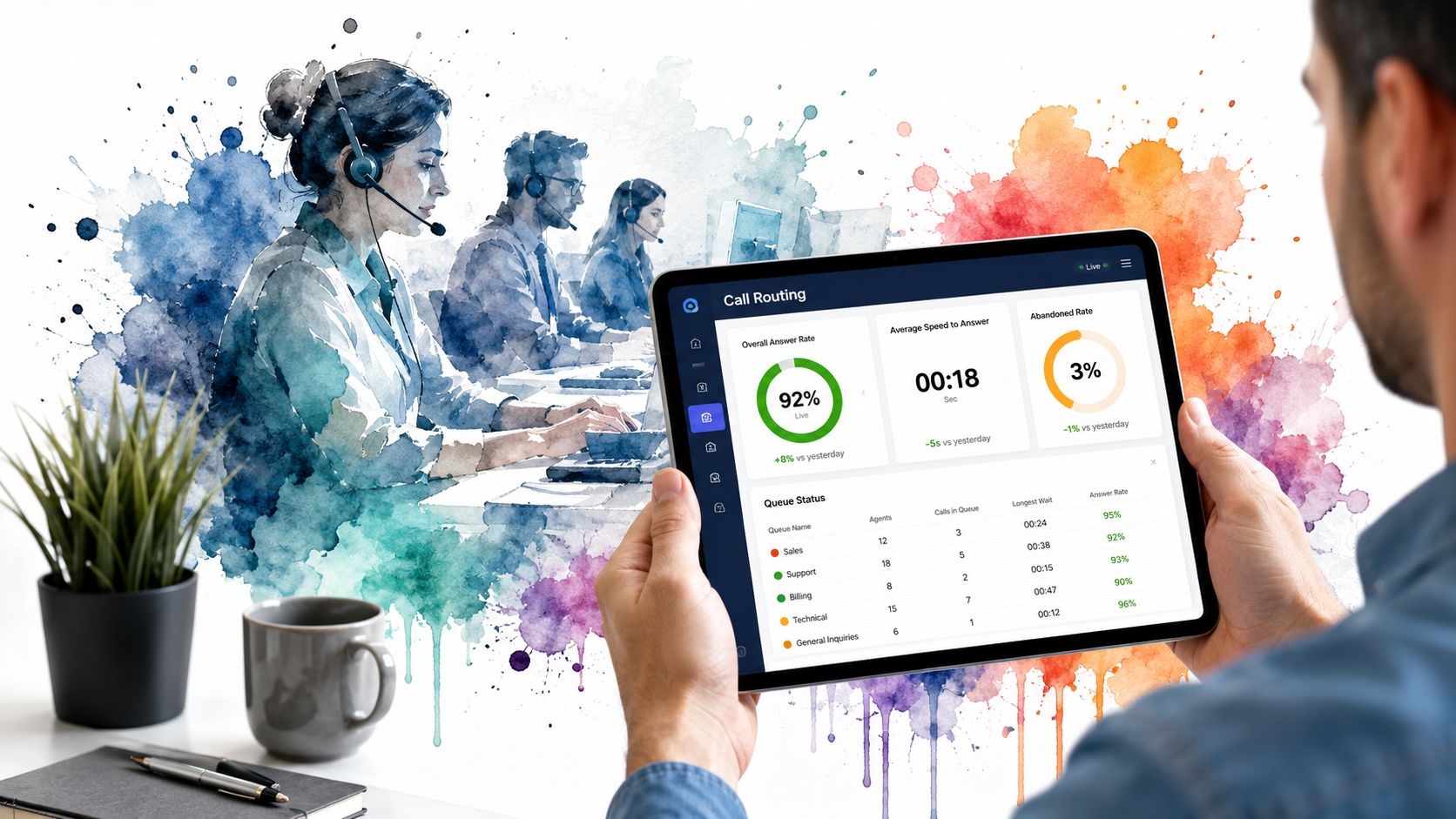 A person holds a tablet displaying real-time call routing data with watercolor artwork of call center agents.