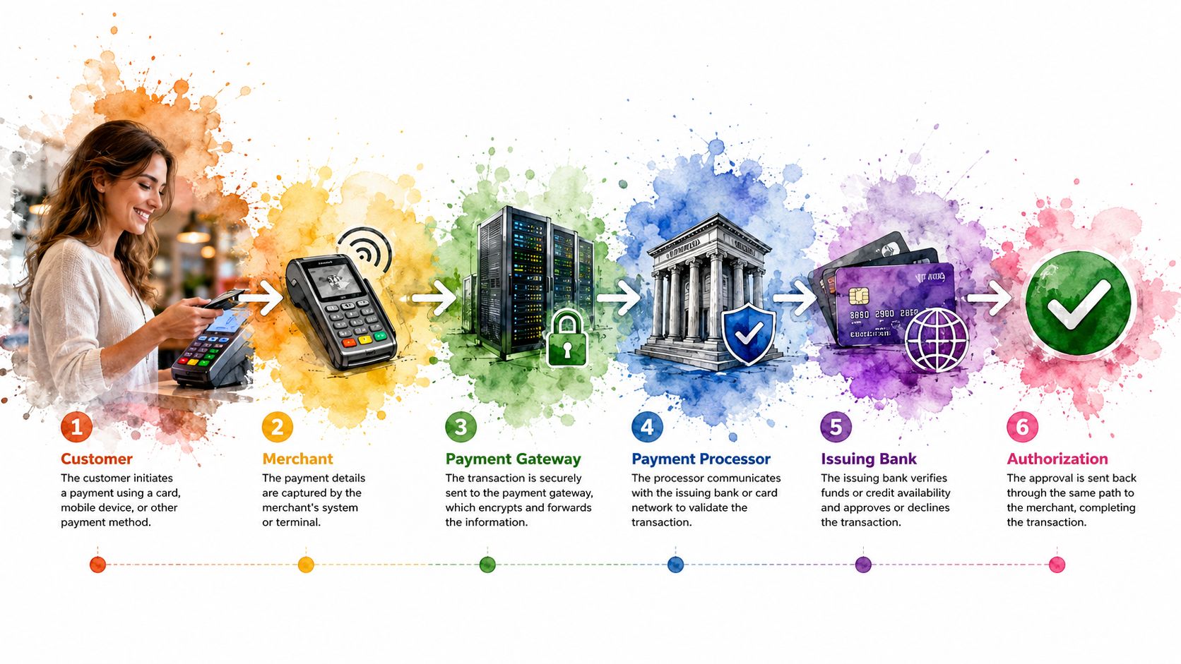 An infographic showing the six-step process of a digital payment transaction from customer to authorization.