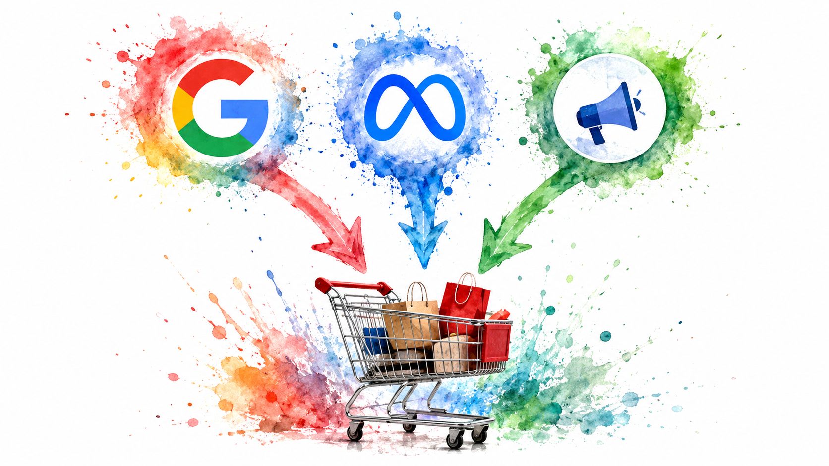 A shopping cart filled with bags under Google, Meta, and marketing megaphone icons representing digital ad spend.