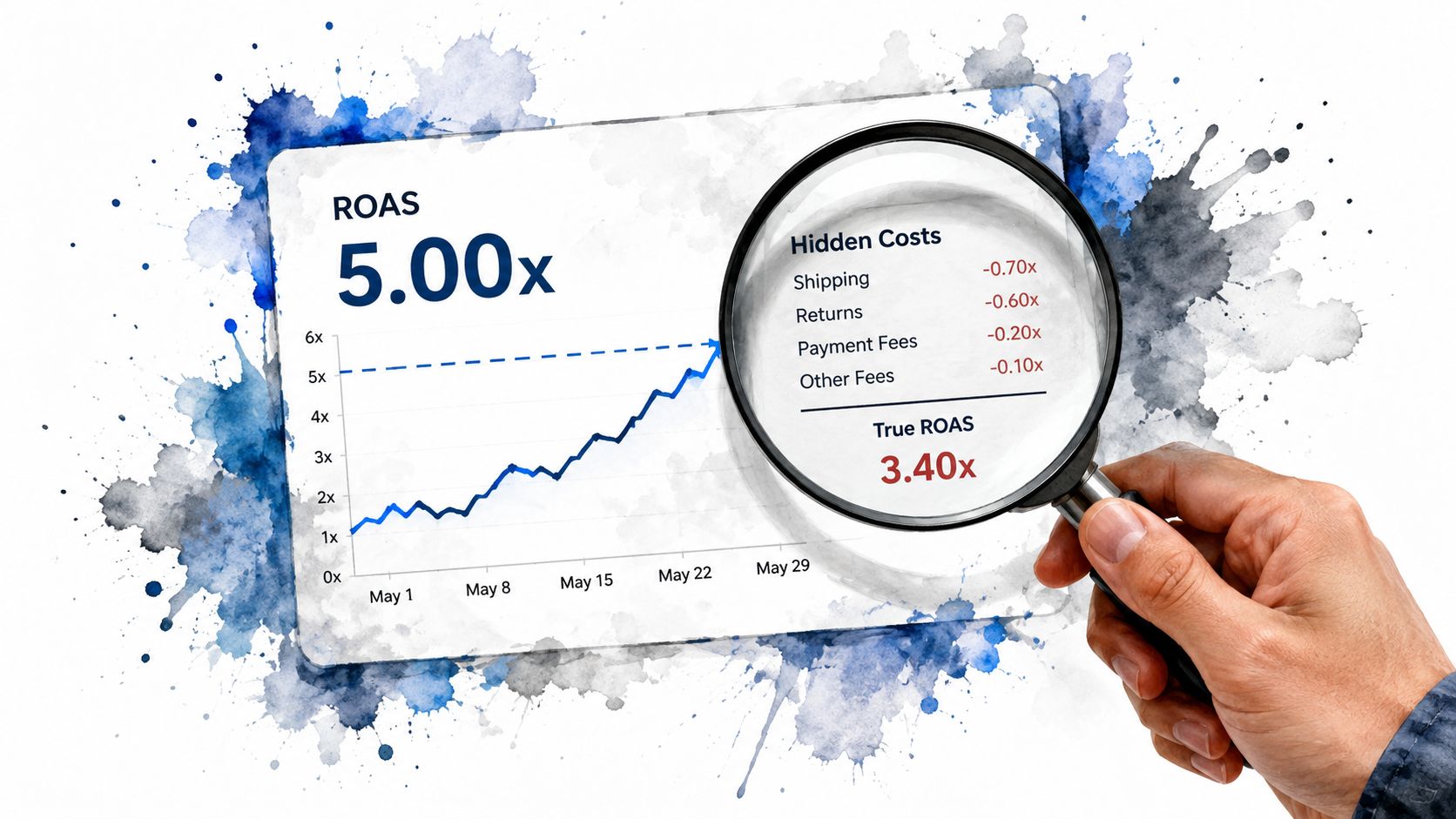 A hand holding a magnifying glass over a chart revealing that hidden costs reduce overall ad spend profitability.