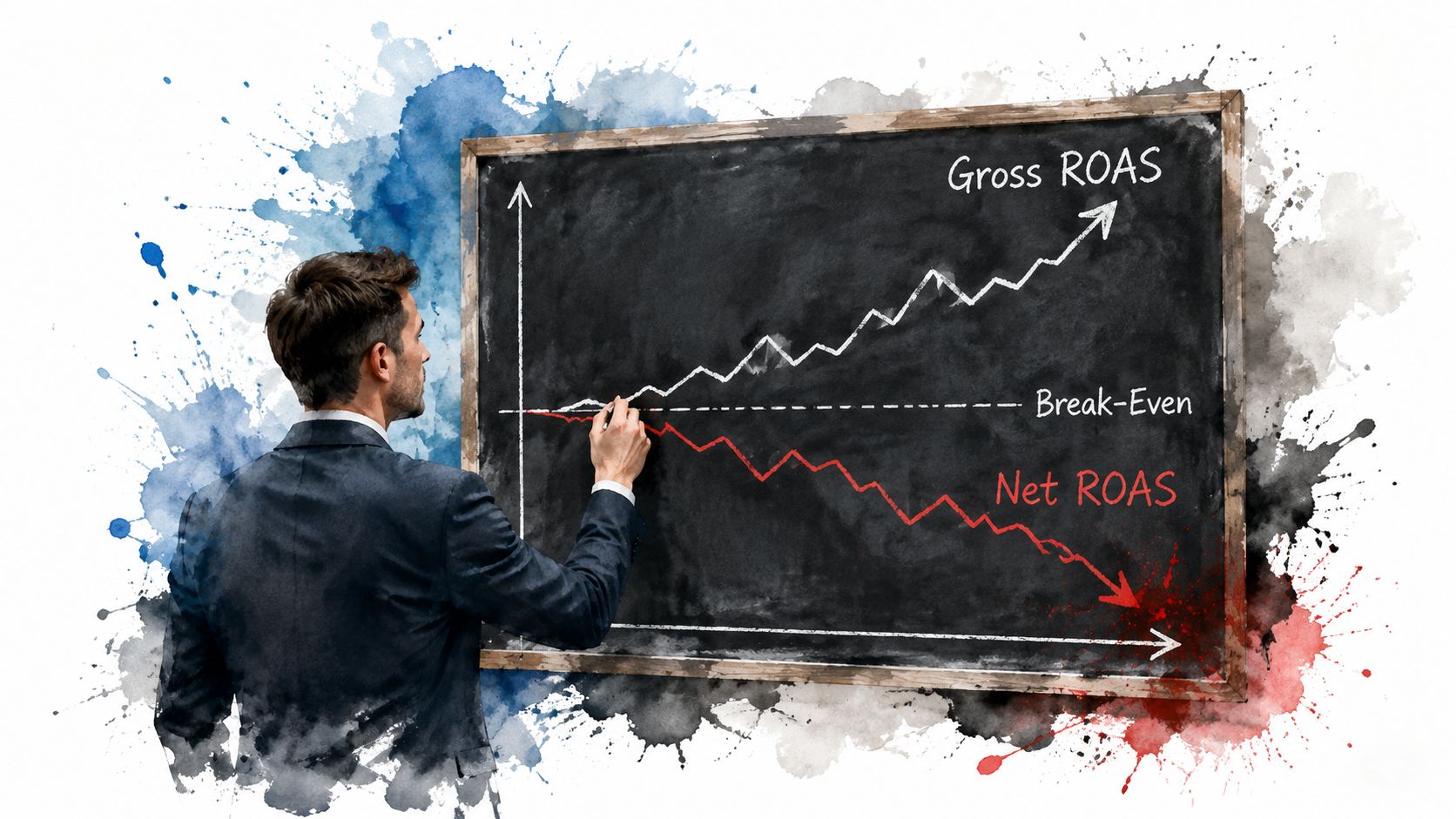 A businessman drawing a chart on a chalkboard comparing increasing Gross ROAS and decreasing Net ROAS metrics.