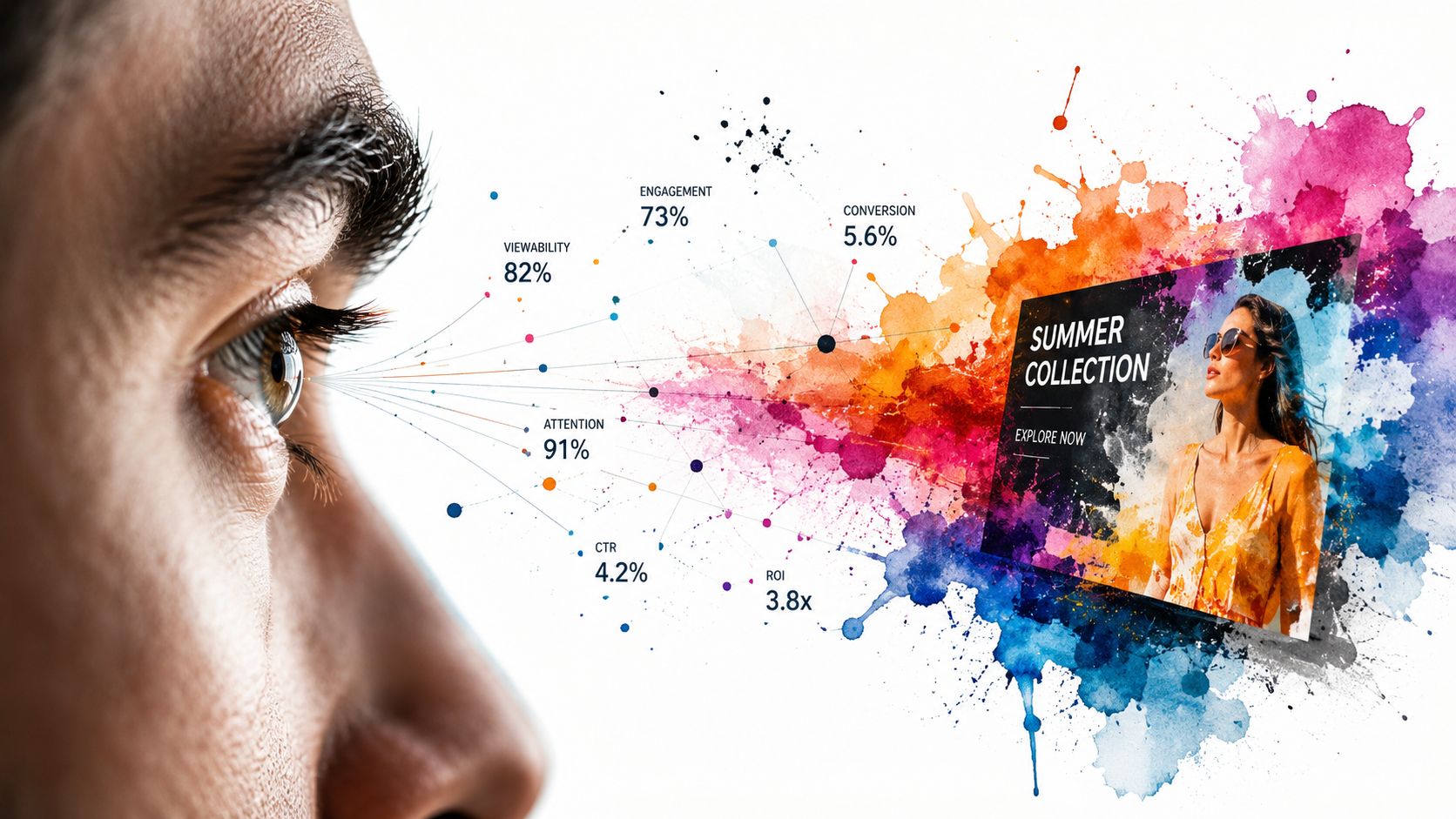 A conceptual visual showing a human eye looking at a digital advertisement with data analytics metrics.
