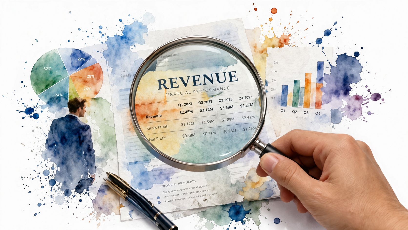 A hand holds a magnifying glass over financial revenue reports with business charts and analytical data.