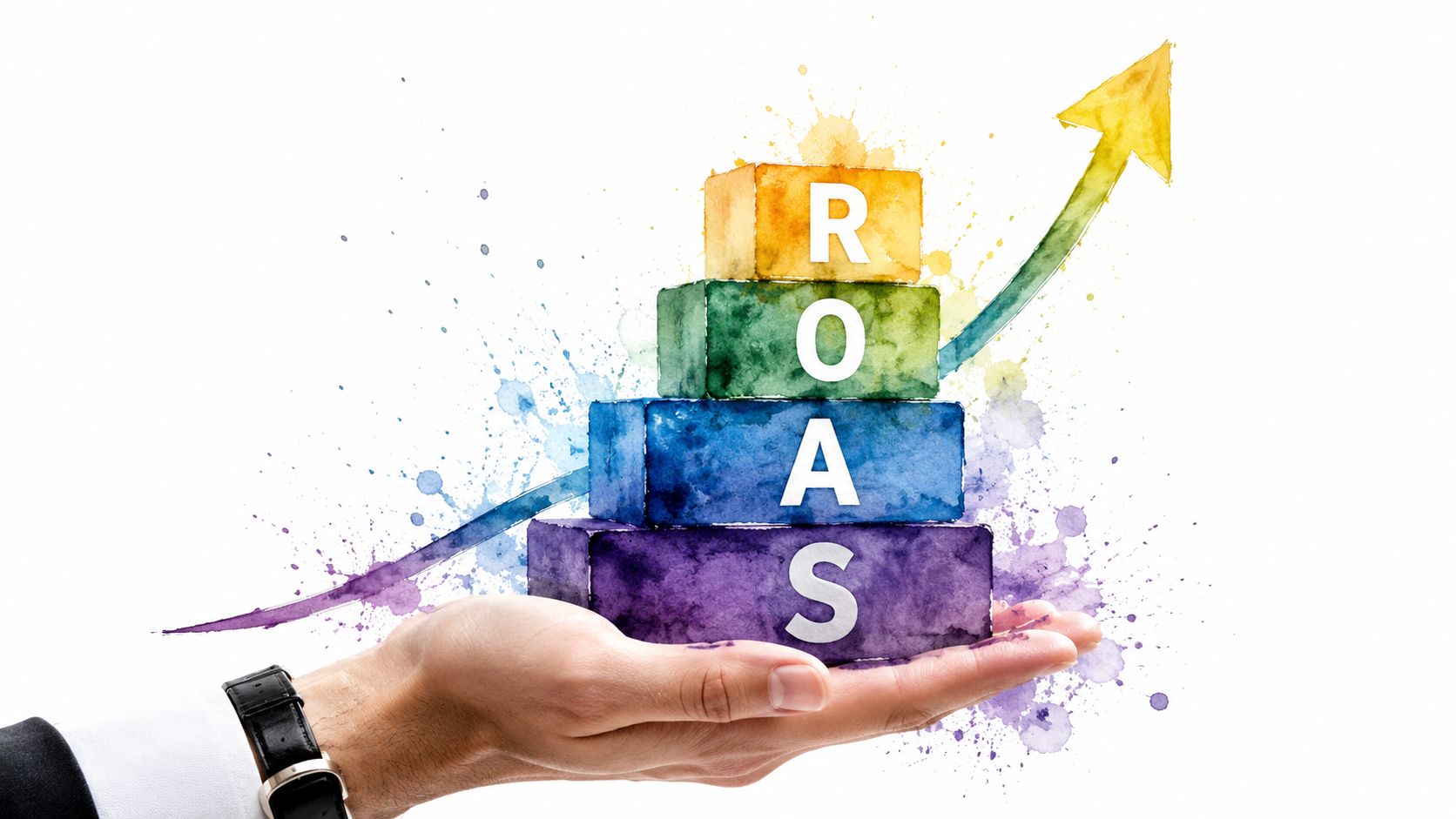 A hand holding a stack of colorful painted blocks spelling out ROAS with an upward arrow.