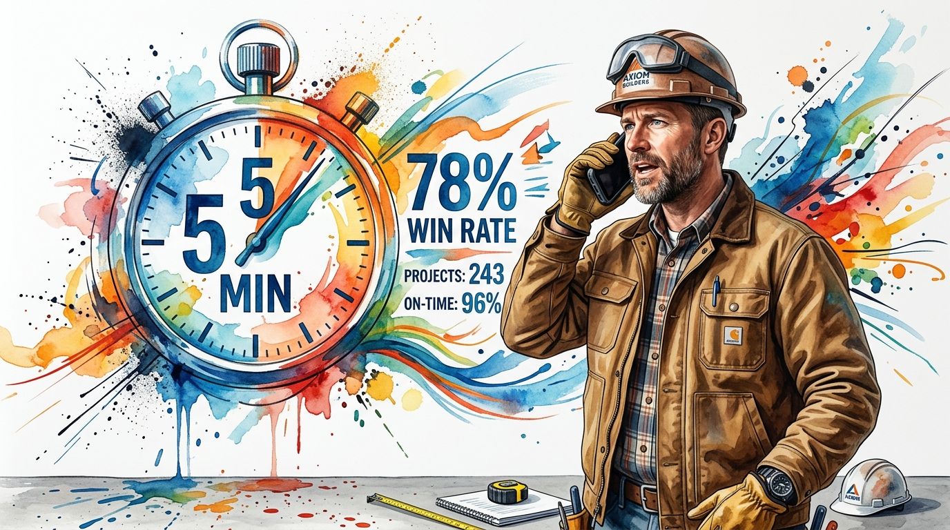 A professional construction worker talking on the phone with project statistics and a stopwatch graphic nearby.
