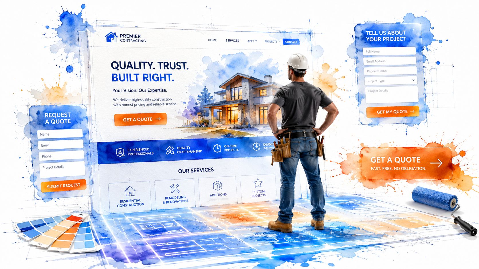 A contractor overlooking a construction company website design with project quote forms and blueprints.
