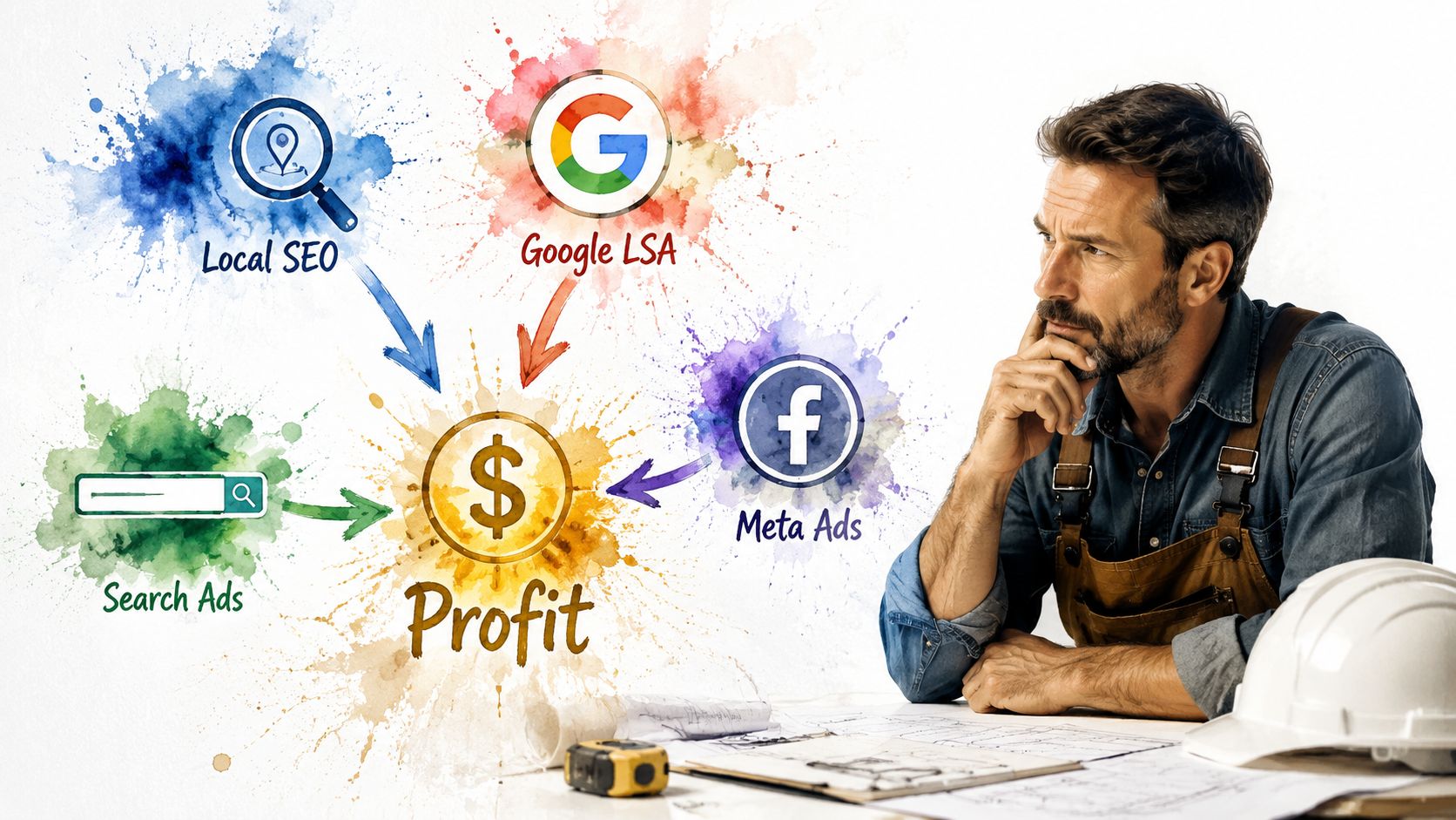 A contemplative contractor looks at a diagram illustrating how digital marketing strategies drive business profit.