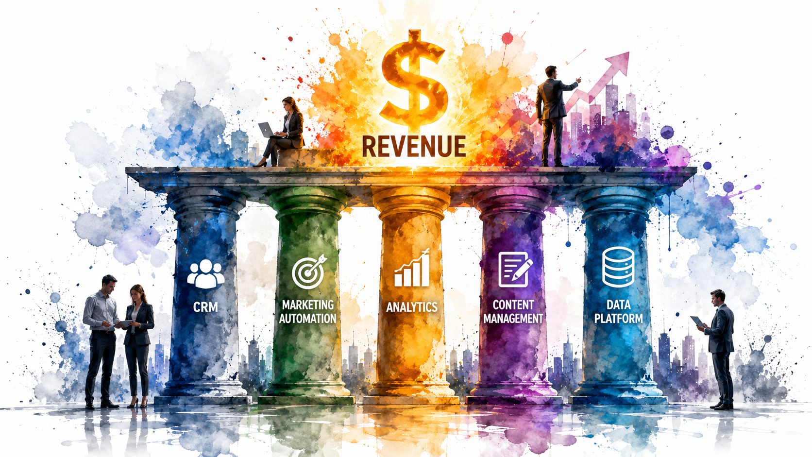 Professional team standing around five colorful pillars representing essential pillars of a successful marketing technology stack.