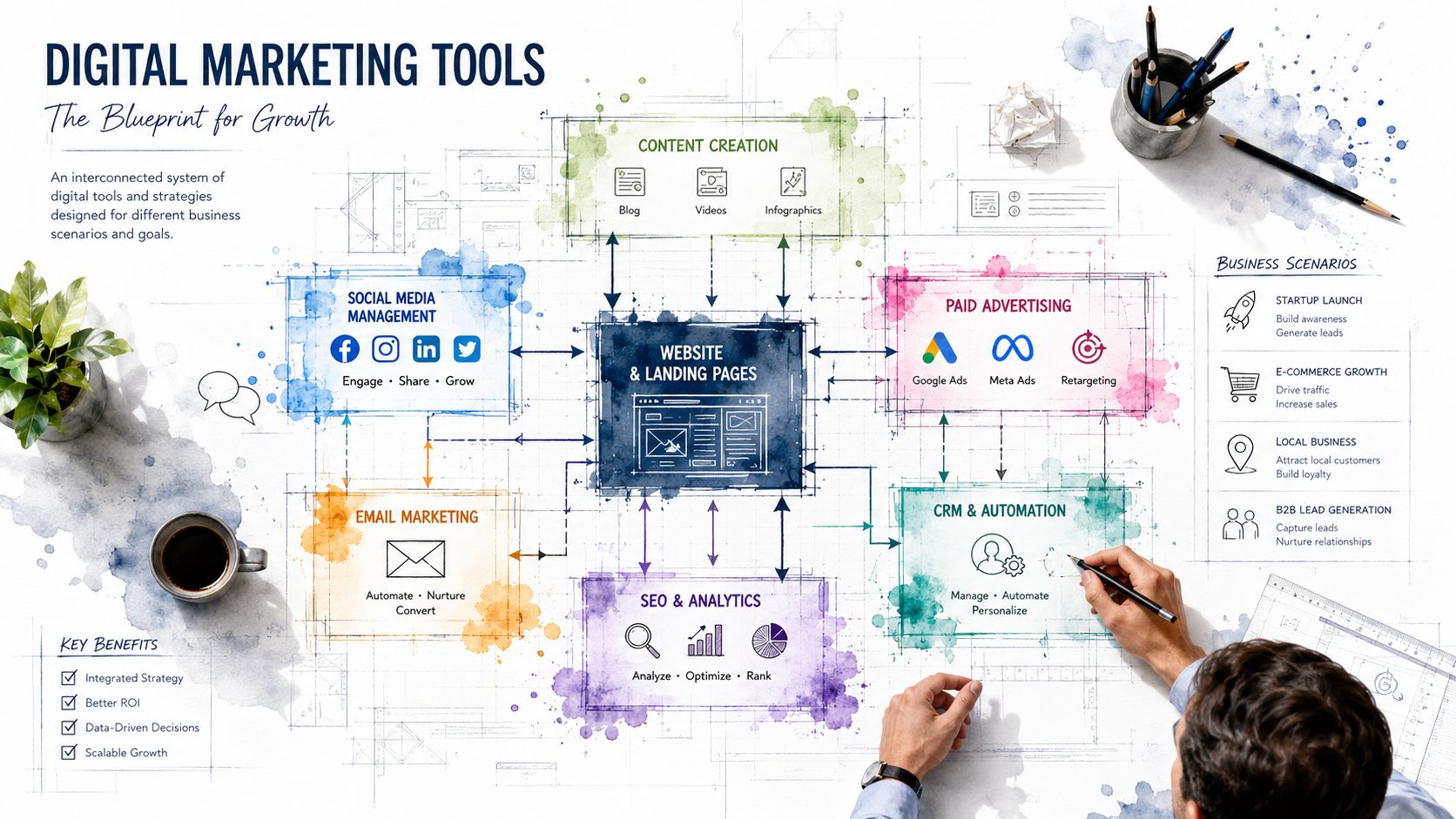 A comprehensive digital marketing tools blueprint infographic showing interconnected strategies for business growth and customer engagement.