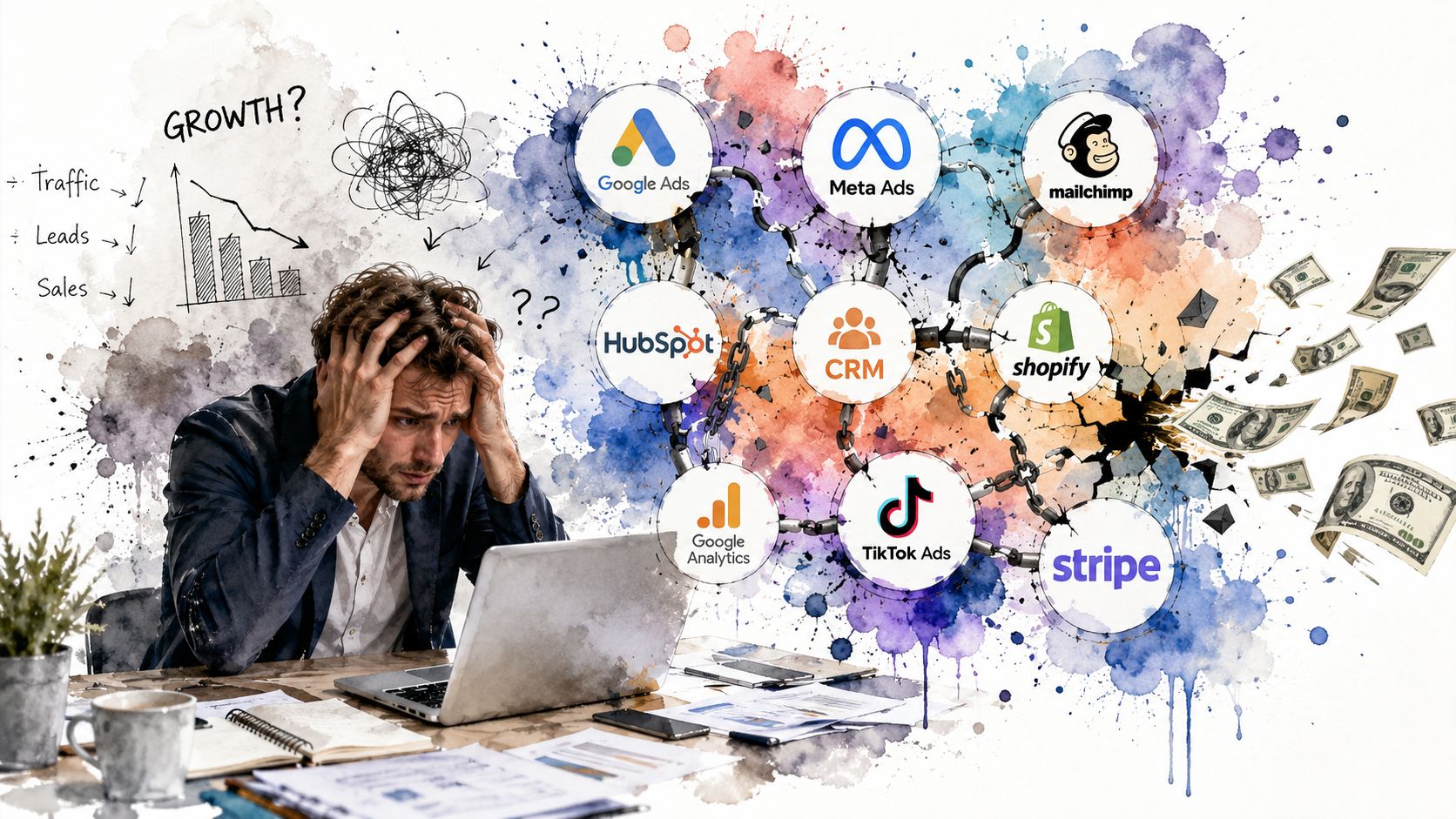 A stressed businessman looking at his laptop, surrounded by icons of various marketing technology stack tools.