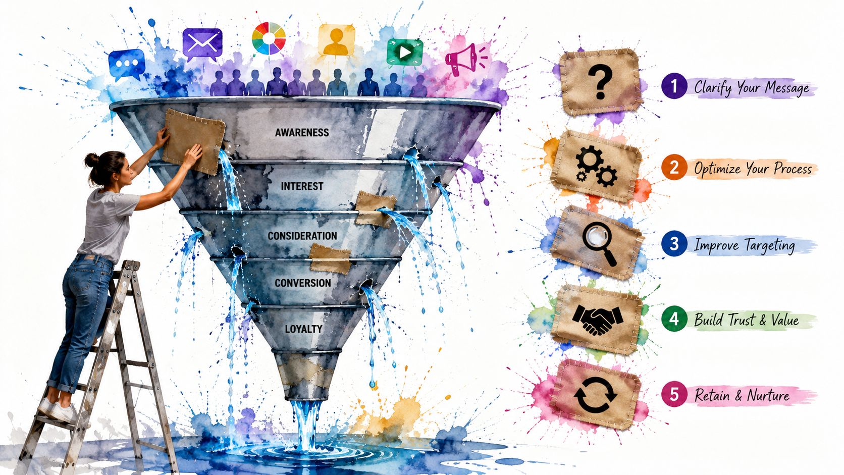 A woman repairing a leaking sales funnel chart illustrating five essential marketing process optimization steps.