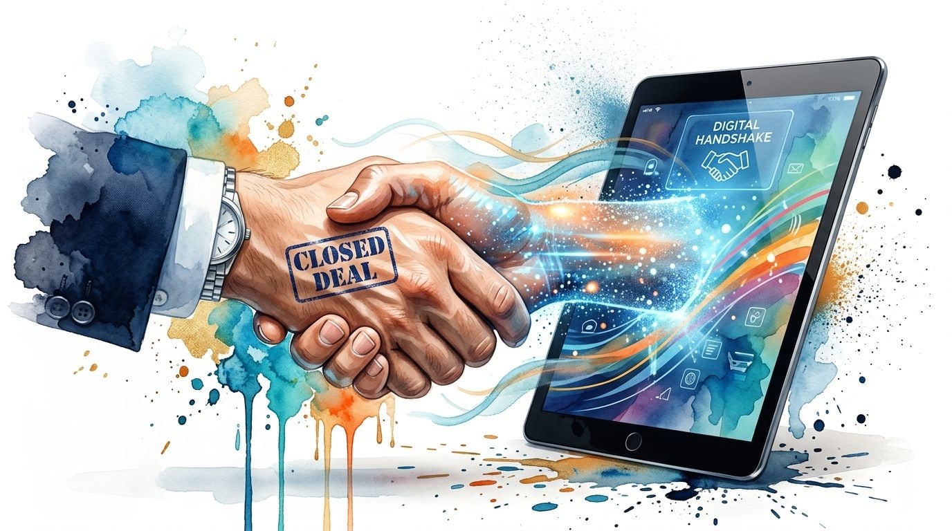 A hand shaking a digital hand reaching out from a tablet screen labeled with digital handshake.