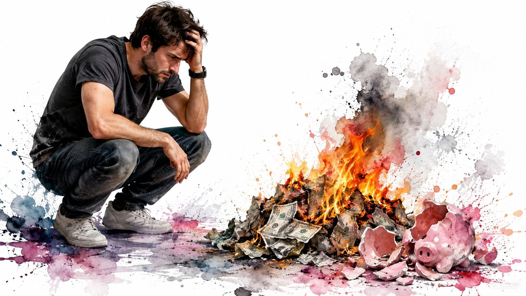 A distressed man crouching beside a burning pile of cash and a shattered ceramic piggy bank.