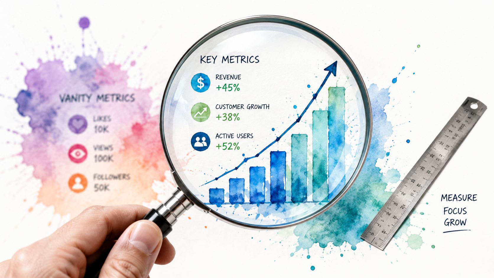 A hand holding a magnifying glass over a business growth chart to highlight key performance metrics.
