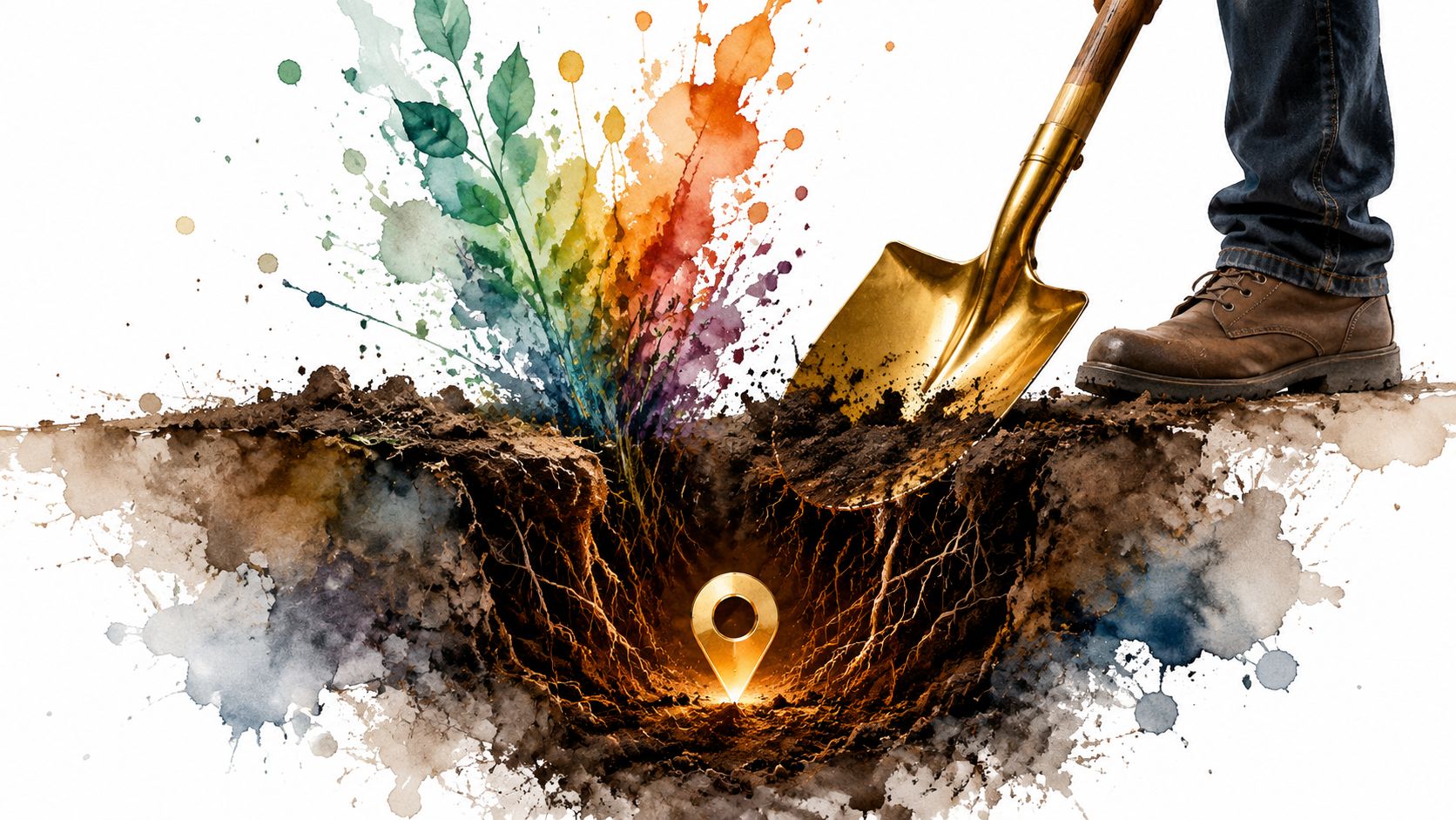 A golden shovel digging into the ground to uncover a glowing digital location pin, representing online marketing.