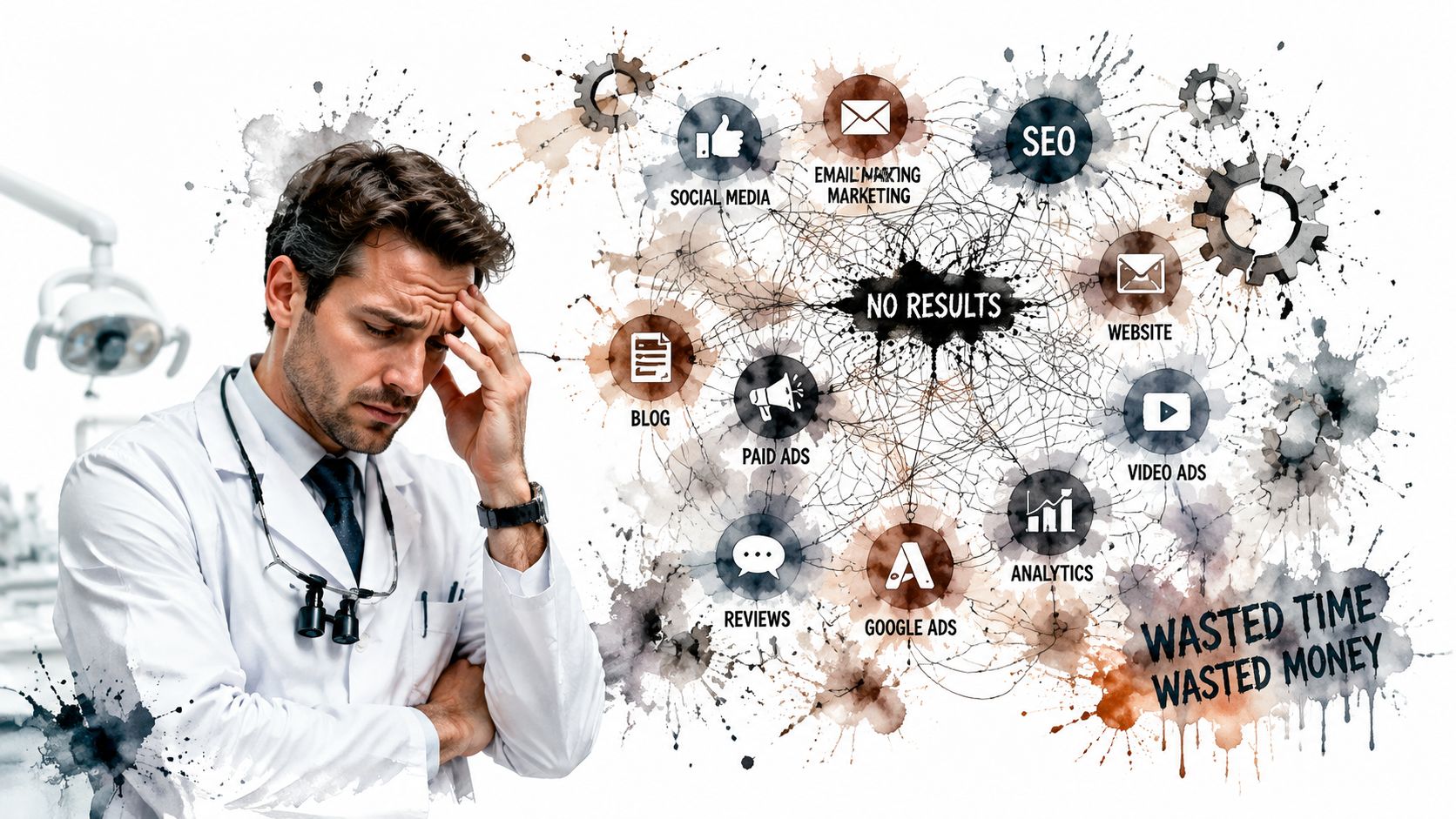 A frustrated dentist stressed over complex digital marketing strategies that fail to produce results for his practice.
