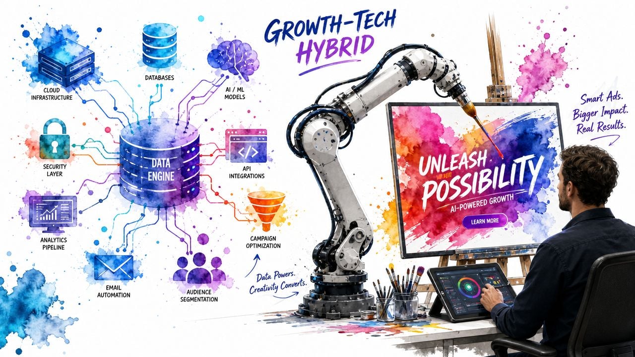 A digital artist uses an AI-powered robotic arm to paint creative advertising concepts on a canvas.