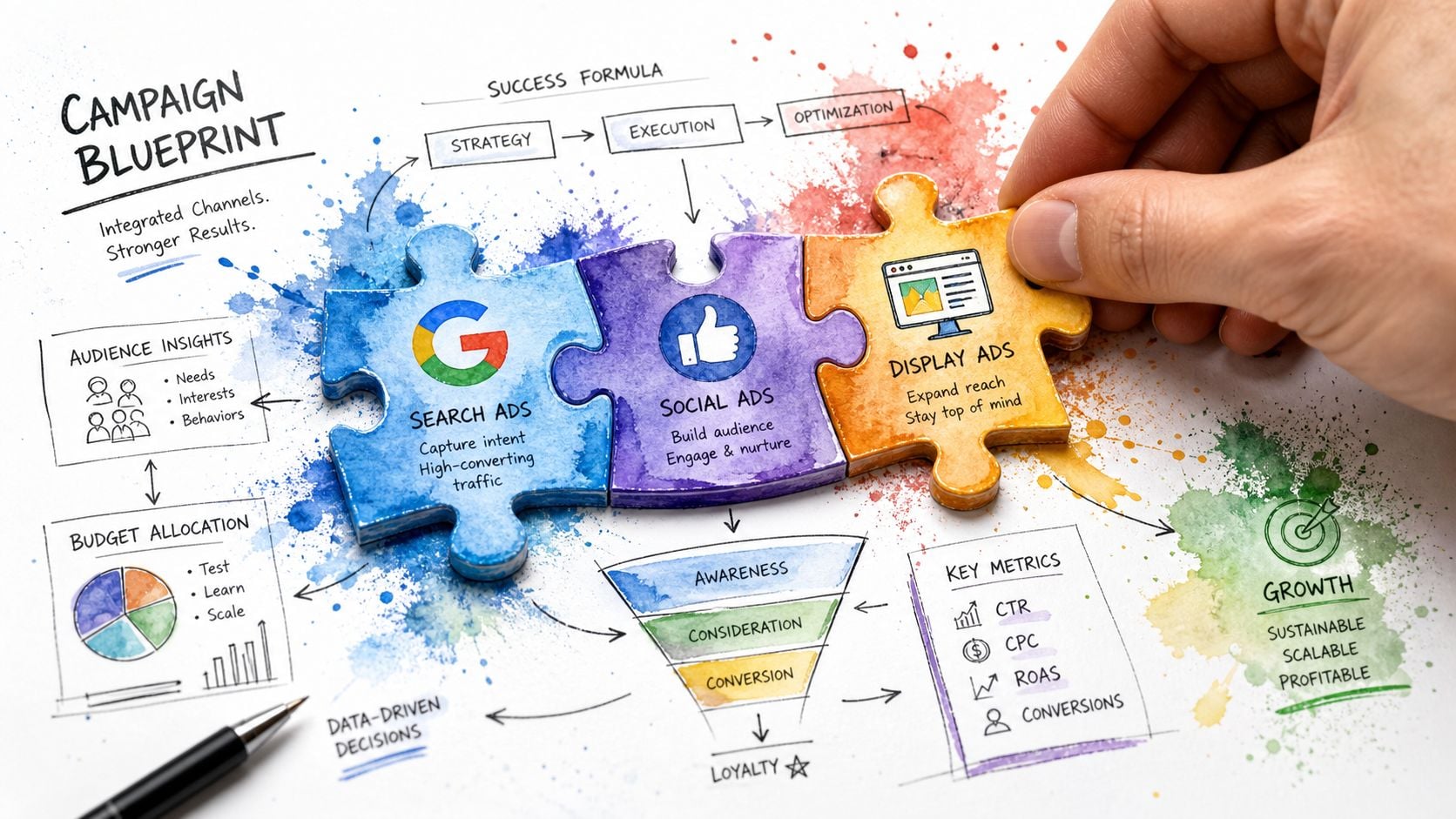 A hand assembling a campaign blueprint puzzle representing search, social, and display advertising strategies for business growth.